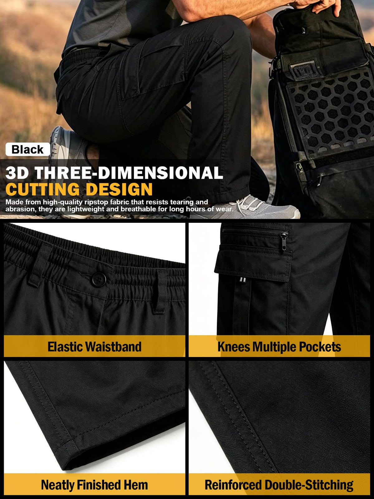 Men's Elastic Ripstop Tactical Pants Cargo Pants, Lightweight Motion Utility Casual Pants, Stretch Waistband, Straight Cut Loose Fit, Water Resistant Ripstop Outdoor Quick Dry Hiking Work Long Pants with Multi Pockets Commute Pants(No Belt, Black)