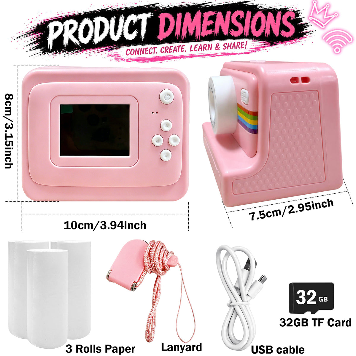 Thermal Portable Instant Printing Camera Set for Kids, 1080P HD Photo/Video Capture, Music Player, Interactive Storybooks, 3/5/10S Delayed Photography with USB Charger 1300Mah Battery And 3 Rolls Print Paper, Perfect for Birthday Gifts Girls Age 6