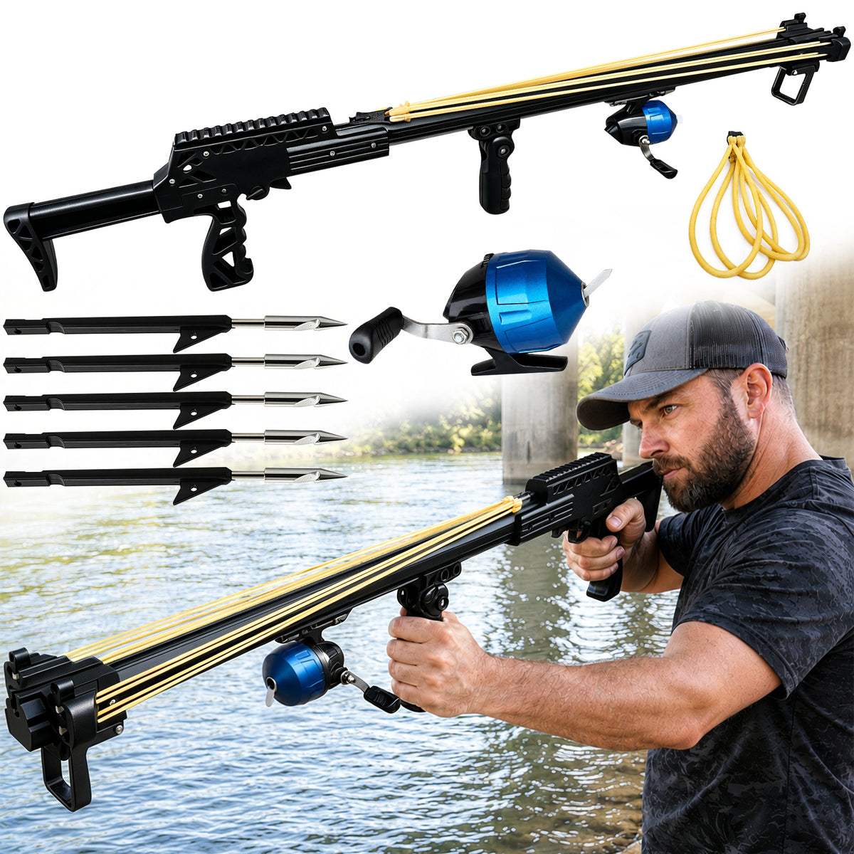 New Upgraded Outdoor Fishing Slingshot, Heavy Duty Fish Rod Slingshot Gear, Max Performance Metal Slingshot, Safety Lock Trigger Automatic Slingshot, Essential for Outdoors Lakes,Rivers Fishing and Forest Shooting,Adult Slingshot with Rubber Bands