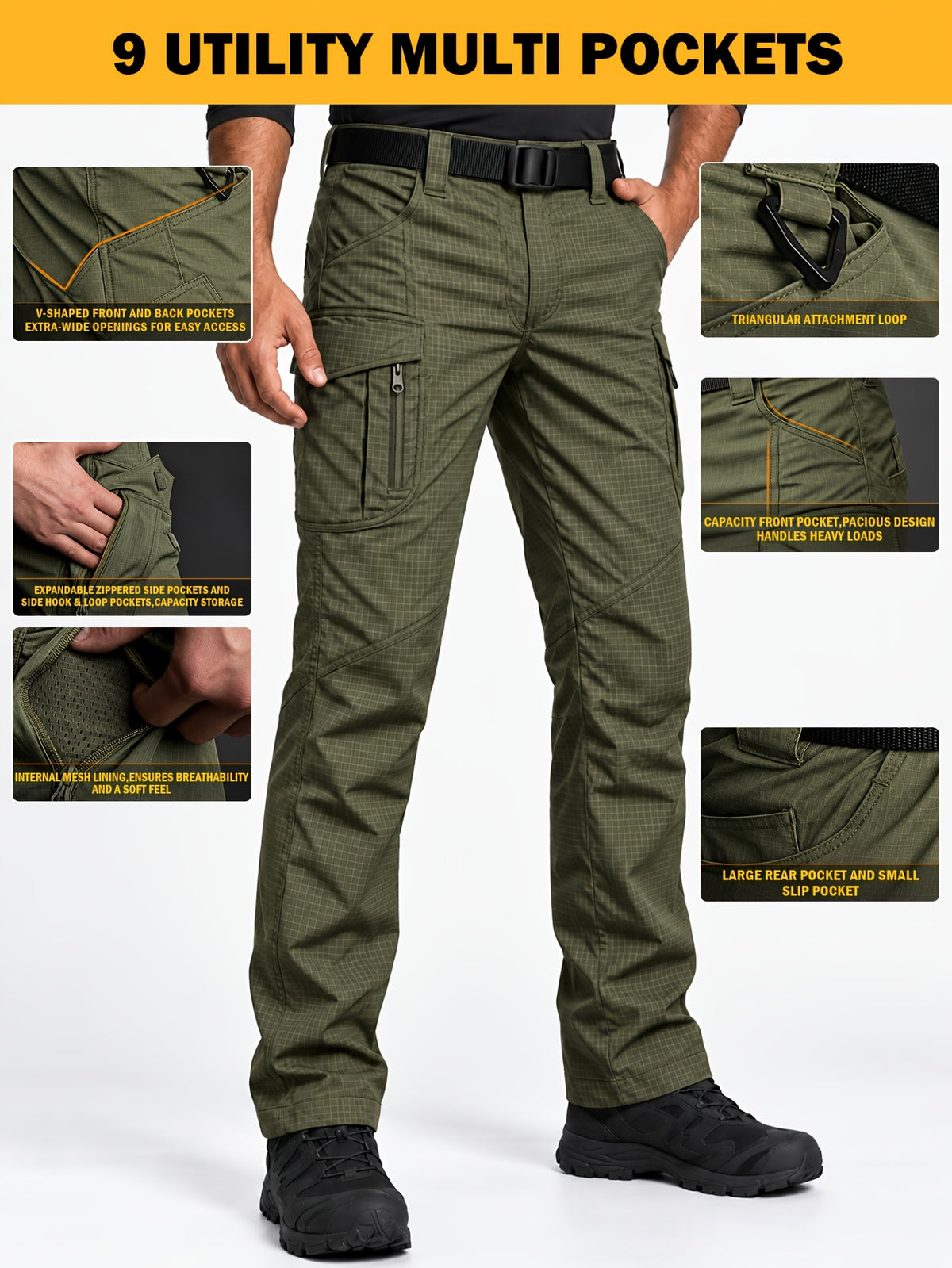 Men's Work Cargo Pants, Army Green, Stretch Tear-resistant Lightweight Commuter Pants/ Training Pants/Hiking Pants, Water-Resistant Multi-Pocket Utility Work Pants and Outdoor Casual Pants, for Outdoor Camping & Hiking, Durable