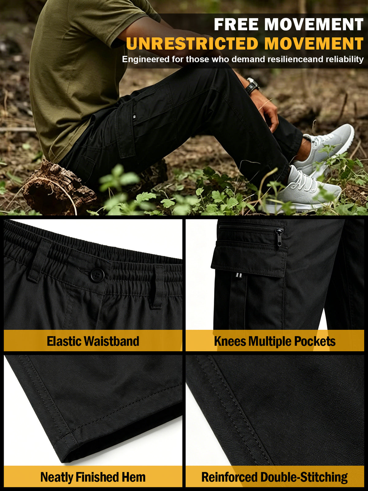 Men's Utility Cargo Pants, Casual Multi-Pocket Loose Straight Leg Work Pants, Durable Lightweight Ripstop Fabric, Flexible Elastic Waist Adjustable, Quick-Drying Outdoor Long Pants for Daily Commute, Running, Hiking, Travel and Camping Wear, Black