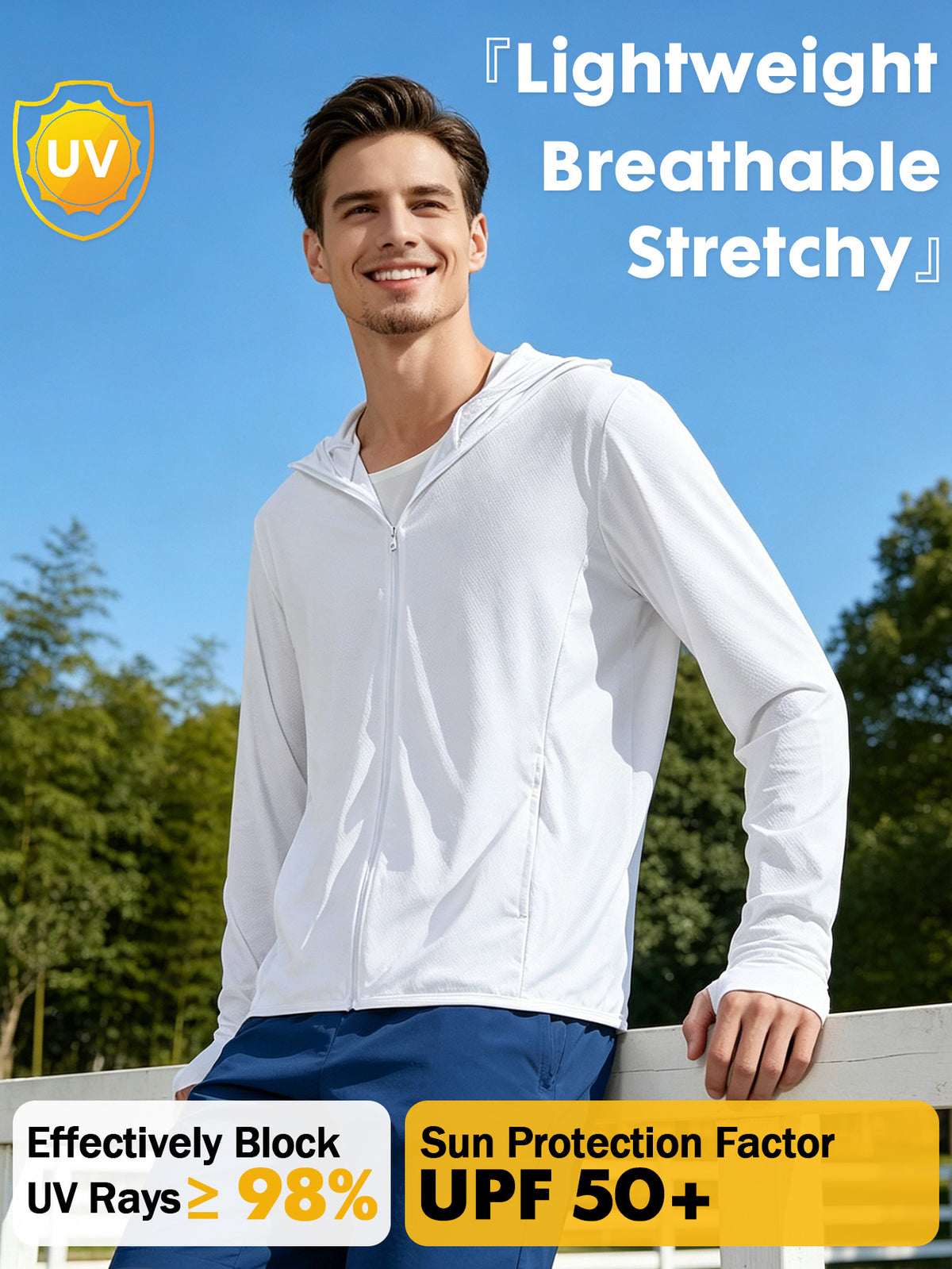 Men's UPF 50+ Cooling Ice Silk Shirt Outdoor Lightweight Full Zip Hoodie Jacket, Cooling Top Long Sleeve Moisture Wicking Hoodie, Lightweight and Breathable, Outdoor Fishing Hiking Performance Shirt Tops for Summer