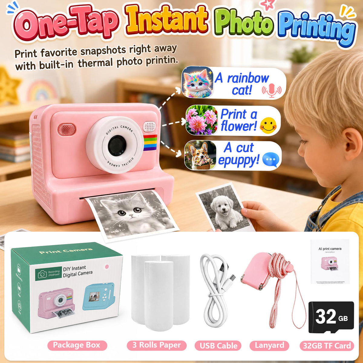 Thermal Portable Instant Printing Camera Set for Kids, 1080P HD Photo/Video Capture, Music Player, Interactive Storybooks, 3/5/10S Delayed Photography with USB Charger 1300Mah Battery And 3 Rolls Print Paper, Perfect for Birthday Gifts Girls Age 6