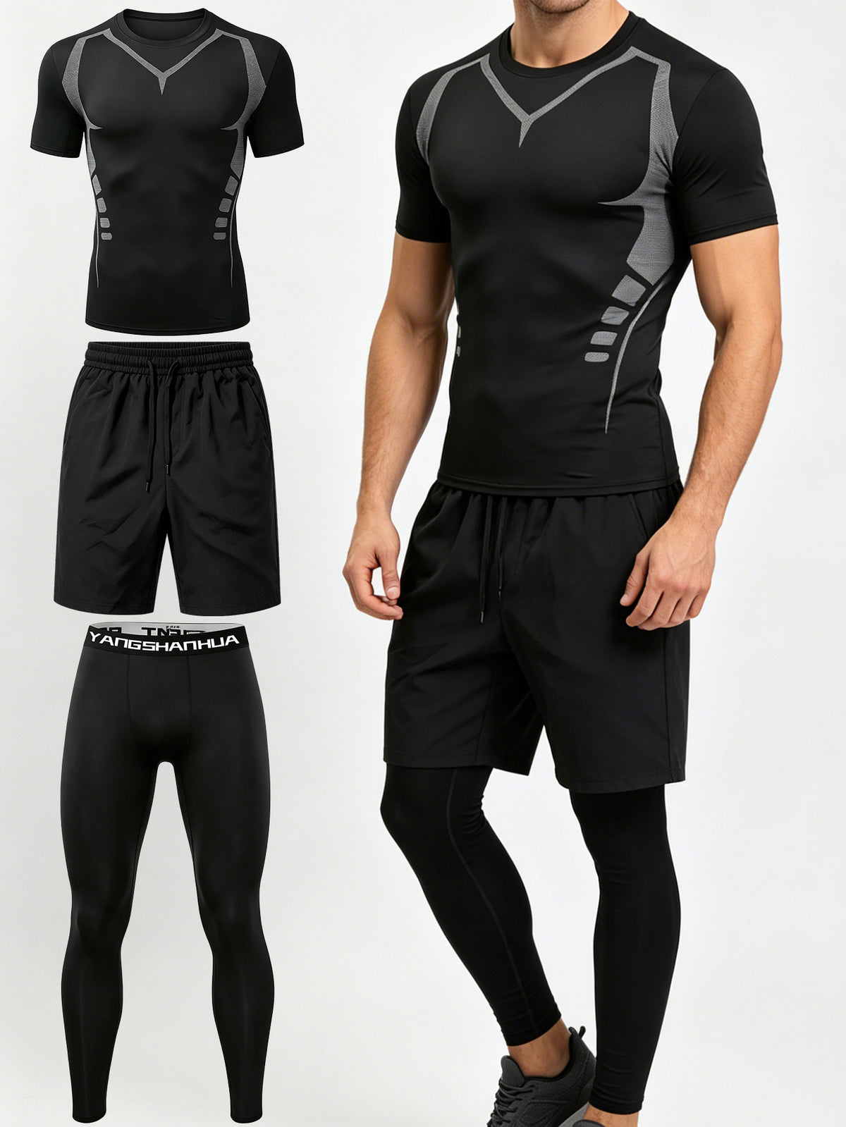 3 Pieces Men's Sports Set, Running Training Fitness,Quick Dry Workout Set with Athletic Fit Short Sleeve Performance Elastic Shirt and Elastic Waistband Long/Shorts, Lightweight Breathable Sportswear for Gym Basketball and Everyday Wear,Summer