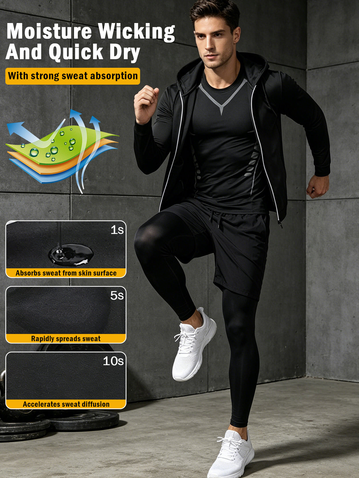 4 Pieces Sports Set, Men's Fitted Workout Shirt Activewear Set, Athletic Jacket with Hoodies Long Sleeve, Quick Dry Compression Tee with Breathable Moisture Wicking Comfort, Stretch Short Sleeve Running Top for Gym Training and All-Day Active Wear