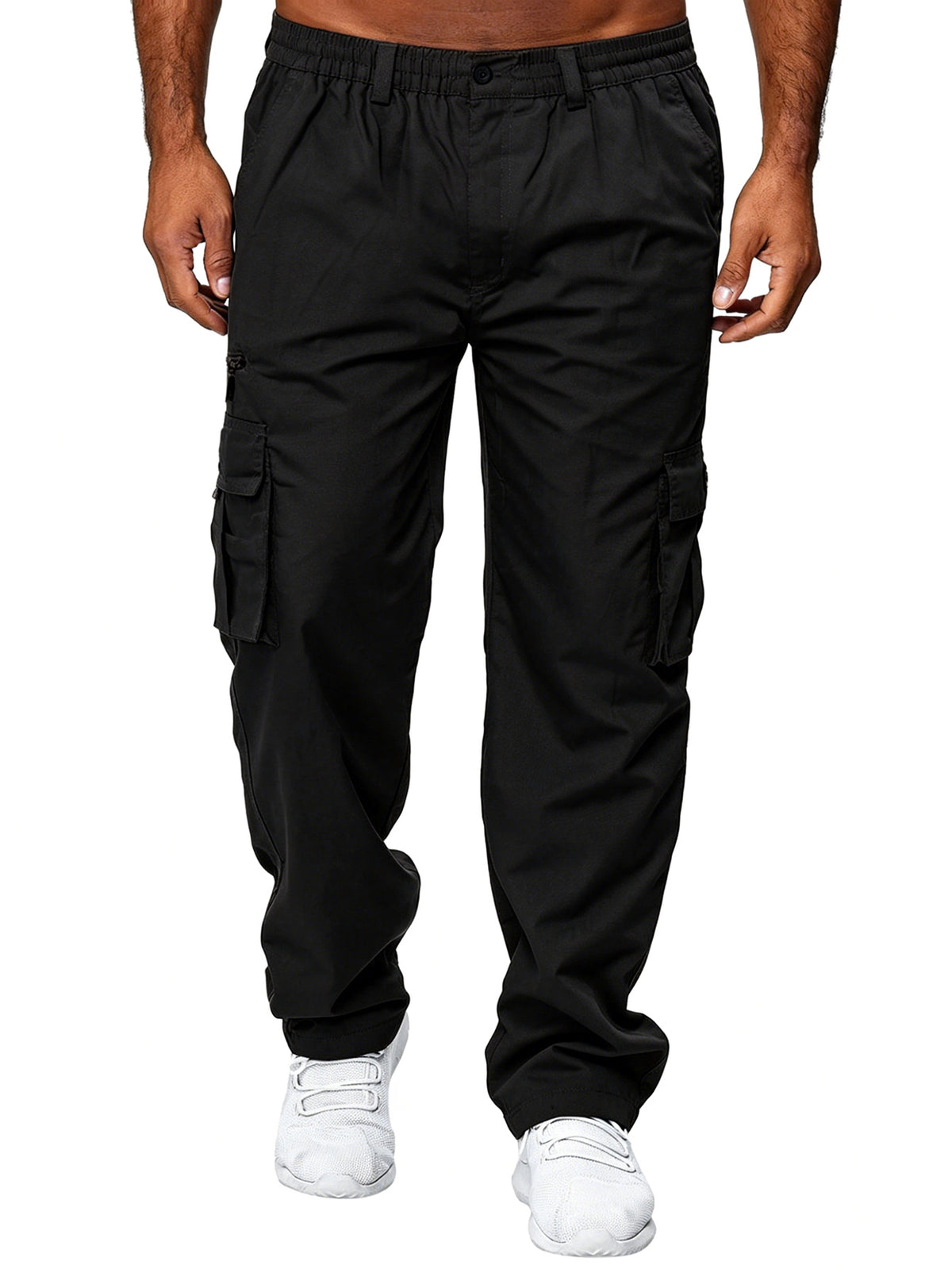 Men's Utility Cargo Pants, Casual Multi-Pocket Loose Straight Leg Work Pants, Durable Lightweight Ripstop Fabric, Flexible Elastic Waist Adjustable, Quick-Drying Outdoor Long Pants for Daily Commute, Running, Hiking, Travel and Camping Wear, Black