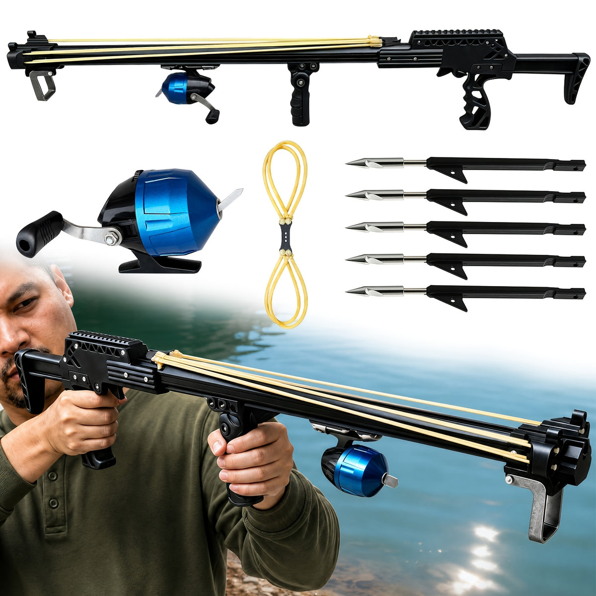 Upgraded Durable Outdoor Fishing Slingshot, High-Performance Metal Slingshot, Portable Telescopic Fishing Rod Tool, Adult Long Fishing Slingshot Precision Fishing With Reel, 5PCS Darts, Easy to Operate  for Outdoor Fishing Equipment,Complete Set
