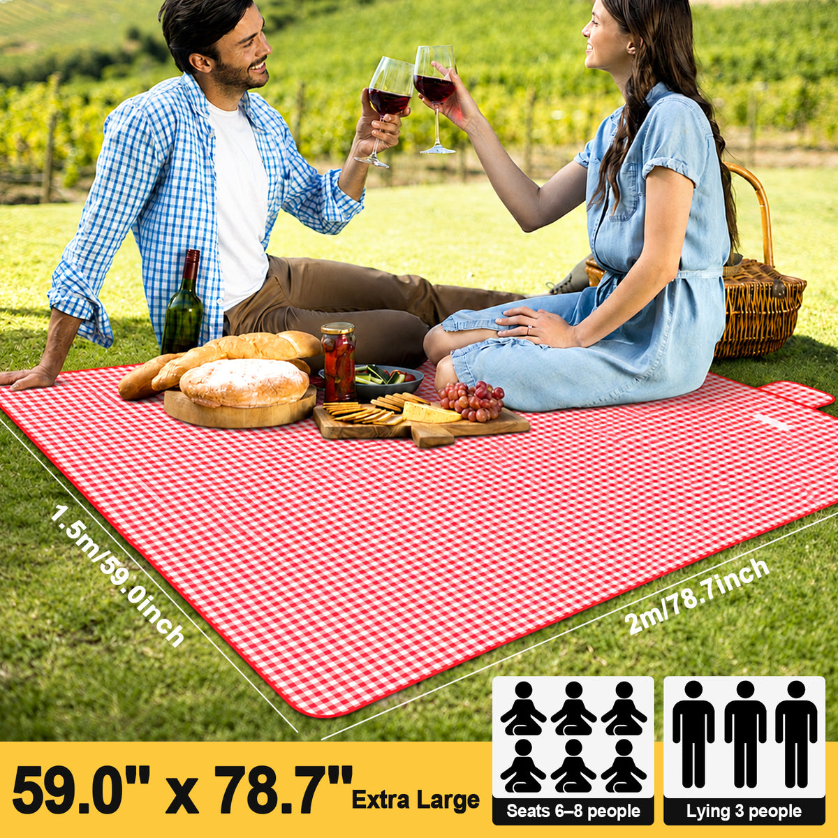 Portable Outdoor Picnic Blanket, 59x79'' Large Beach Blanket, Sand Proof Foldable Non-Woven Picnic Mat, Thickened Checkered Outdoor Mat with Handle, Oversized Compact Suitable for Parks, Meadows, Camping, Hiking, Concerts(3 Colors, 150x200cm)