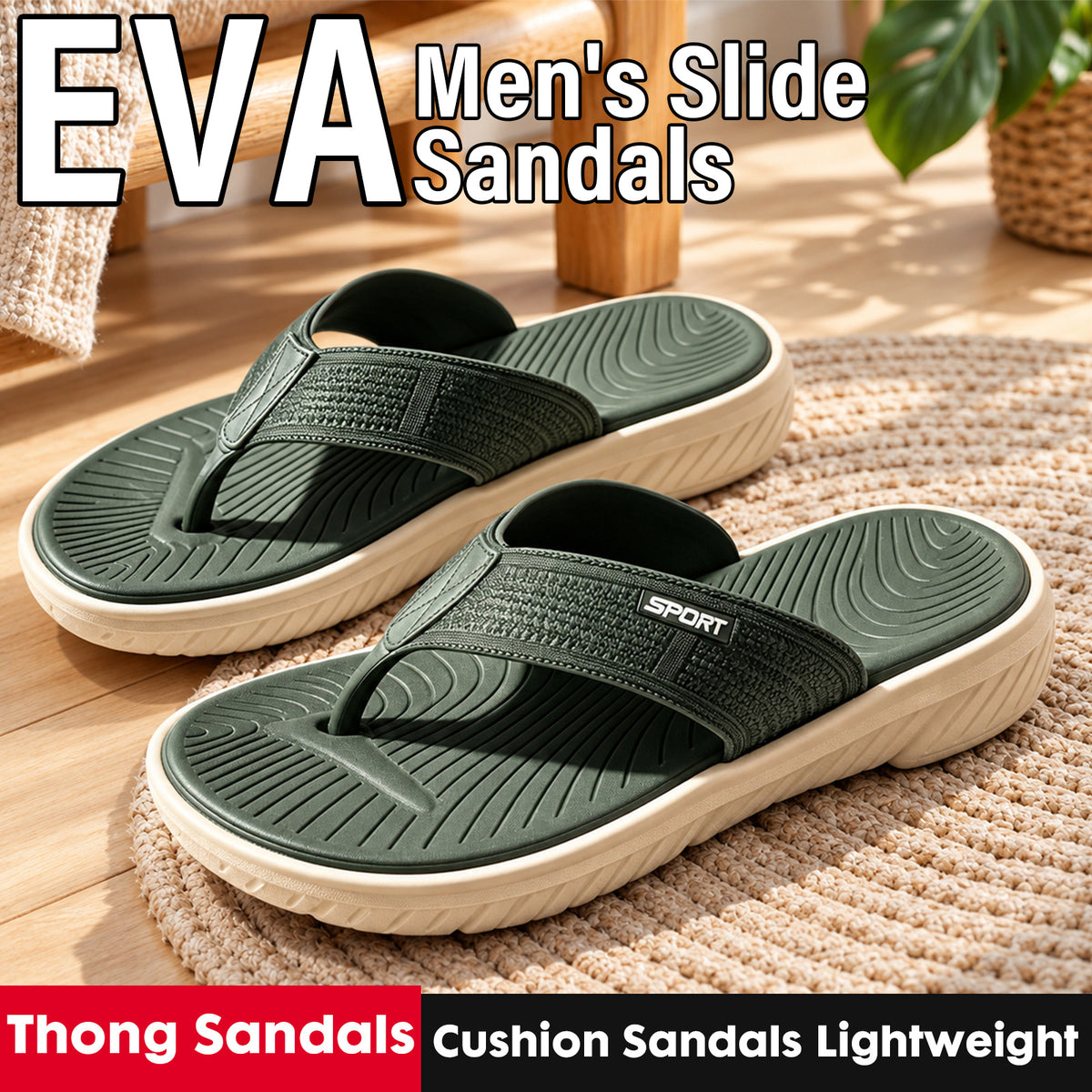 Men's Flip Flops, Slide Sandals for Men, Lightweight Thong Sandals with Thick EVA Sole, Soft Cushioned Footbed & Textured Outsole, Non-Slip Slippers, Men Summer Beach Sandals with Arch Support for Casual Walking, Indoor & Outdoor Wear, Green
