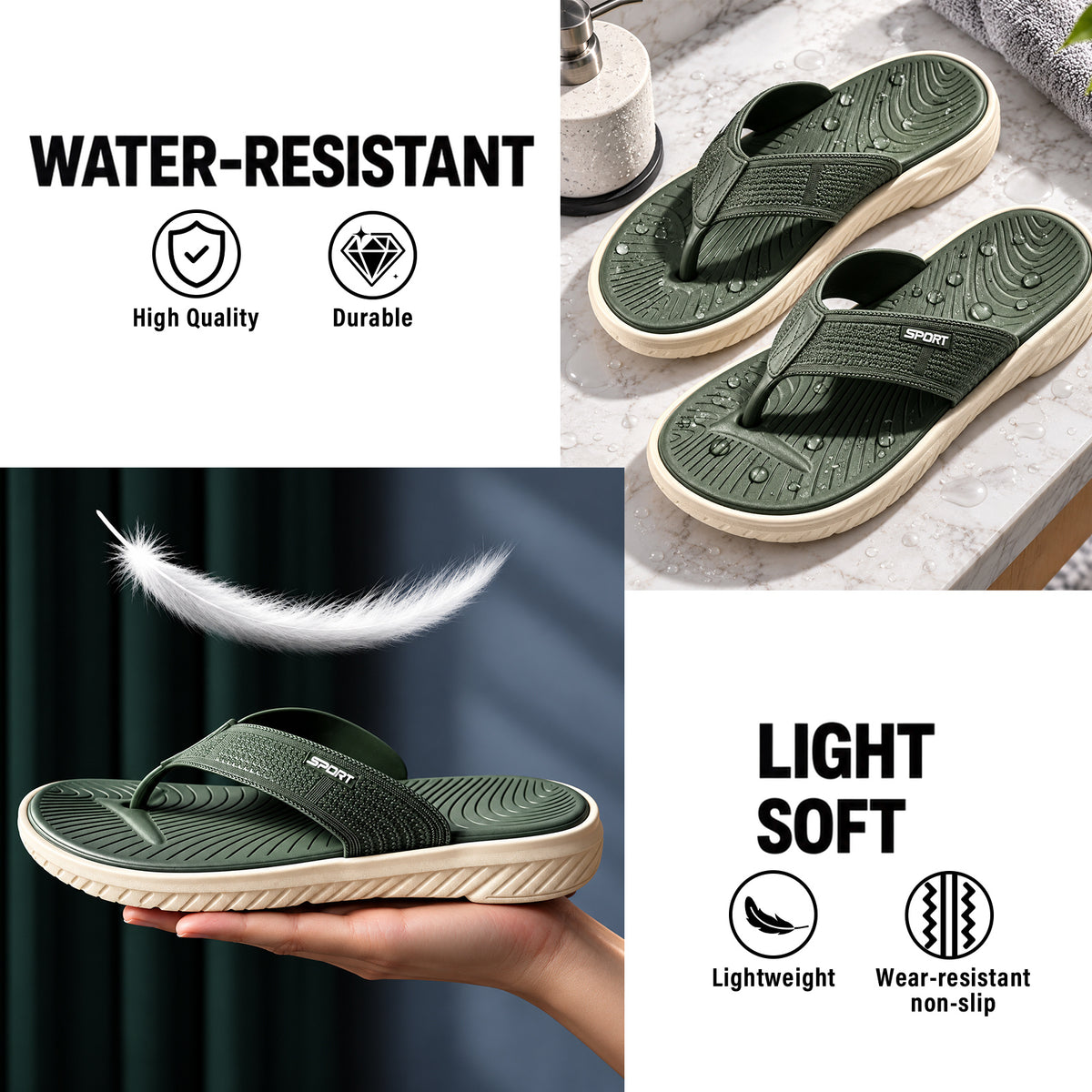 Men's Flip Flops, Slide Sandals for Men, Lightweight Thong Sandals with Thick EVA Sole, Soft Cushioned Footbed & Textured Outsole, Non-Slip Slippers, Men Summer Beach Sandals with Arch Support for Casual Walking, Indoor & Outdoor Wear, Green