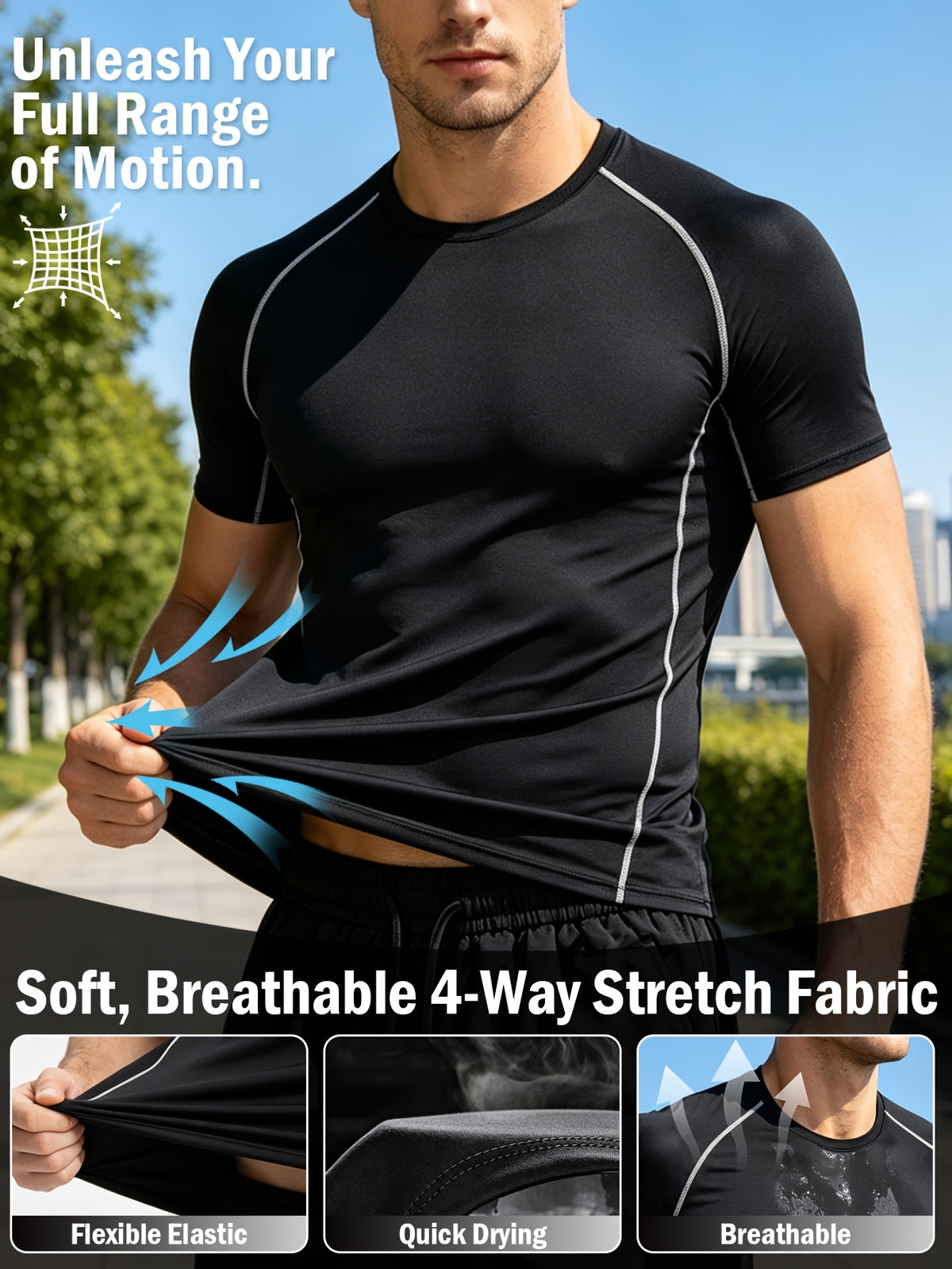 2-piece Men's Athletic Workout Set, Running, Gym Compression Gear, All-Season Wear, Breathable Quick Dry Compression Short Sleeve Training Shirt with Elastic Waistband Shorts, Activewear Outfit for Running Fitness Basketball Outdoor activities,Black
