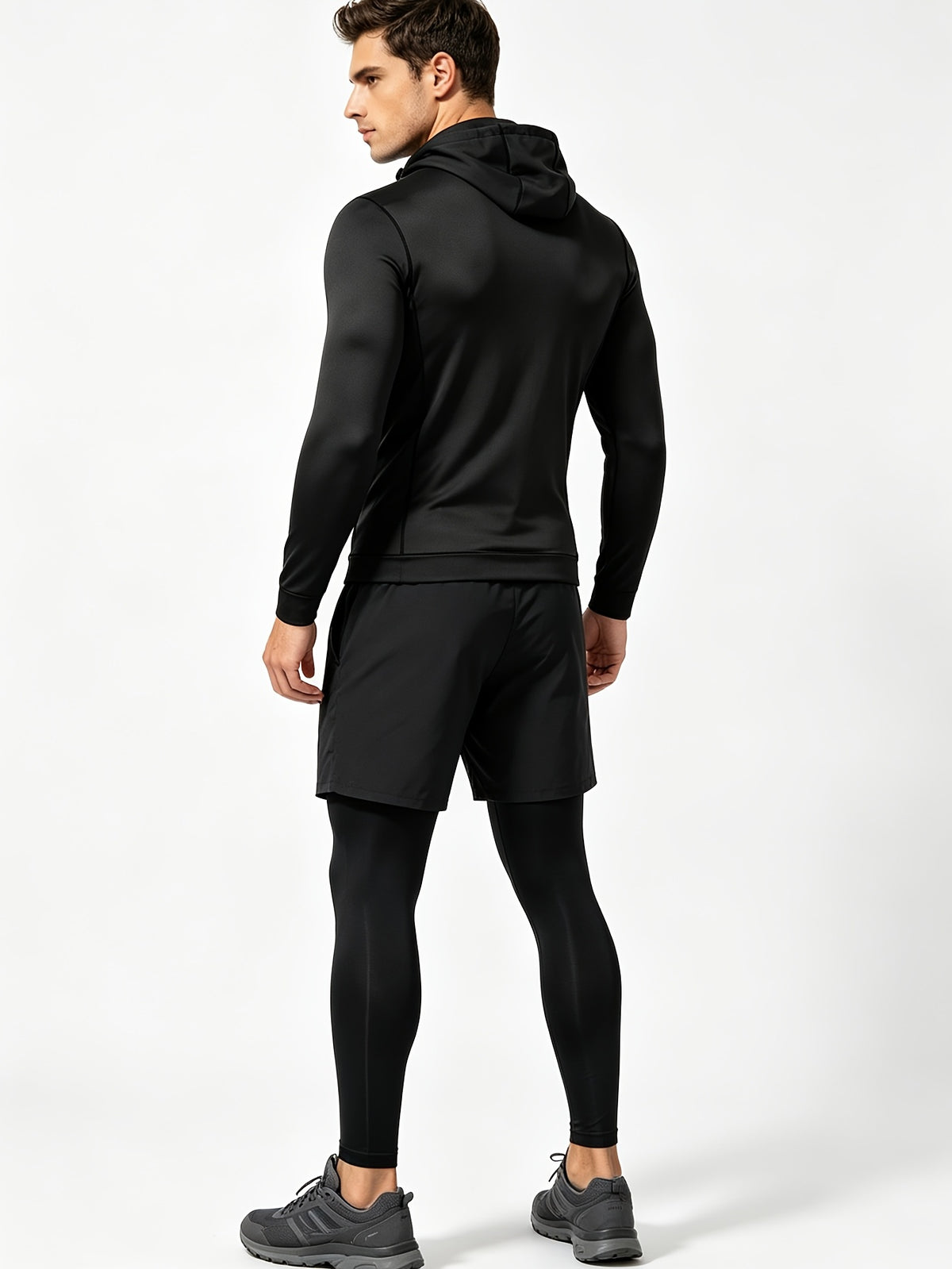 4 Pieces Sports Set, Men's Fitted Workout Shirt Activewear Set, Athletic Jacket with Hoodies Long Sleeve, Quick Dry Compression Tee with Breathable Moisture Wicking Comfort, Stretch Short Sleeve Running Top for Gym Training and All-Day Active Wear
