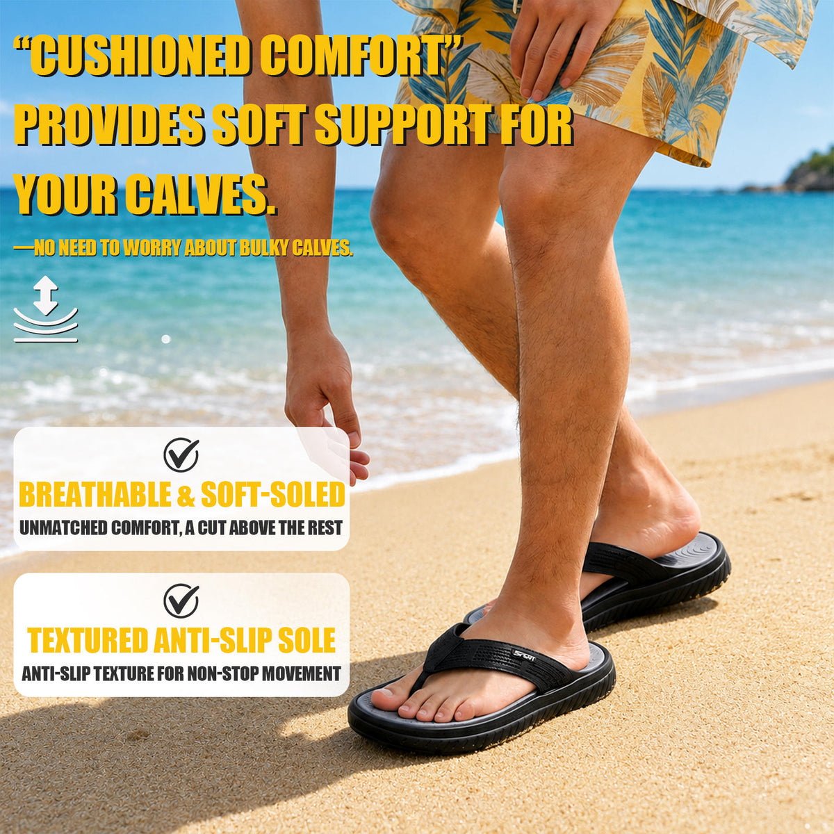 Men Summer Casual Flip-Flops, Beach Walking Thong Cushion Thong Sandals with Comfortable Arch Support Yoga Mat Beach Shoes, Durable Thick-Soled, Non-Slip, Soft-Soled Outdoor Sandals for Men, Black