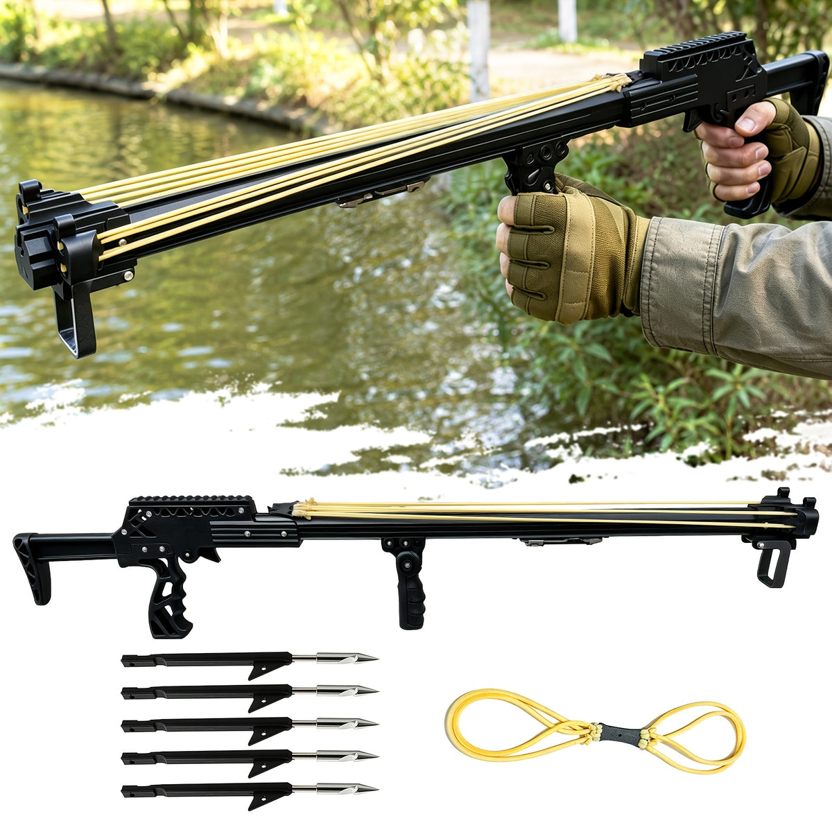 Upgraded Model Outdoor Fishing Slingshot, Heavy Duty Fish Rod Slingshot Gear, Max Performance Metal Slingshot, Safety Lock Trigger Automatic Slingshot, Essential for Outdoors Lakes,Rivers Fishing and Forest Shooting,Adult Slingshot with Rubber Bands
