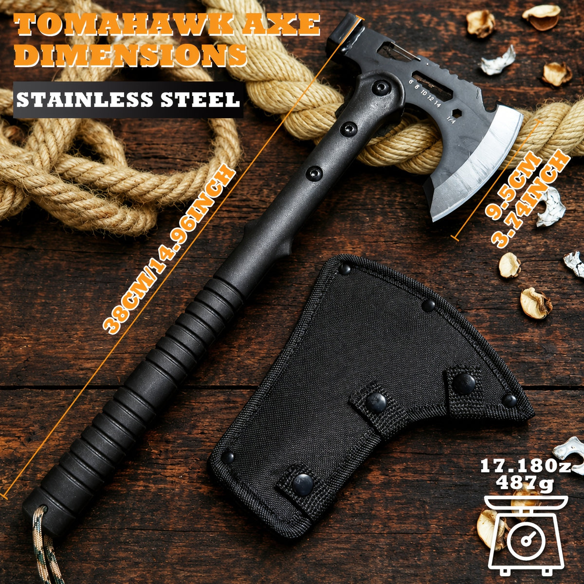 Portable 15" Stainless Steel Garden Axe, Durable Tomahawk with Sheath, Multi-Functional Tomahawk Outdoor Camping Axe with Hammer, Bottle Opener & Carabiner, Durable Hatchet for Branch Cutting, Yard Work, Camping and Emergency Gear,2 styles（Black）