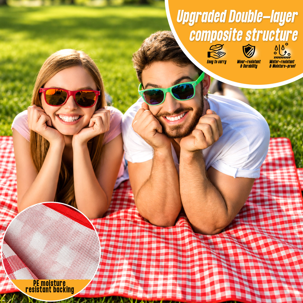 New Upgraded Picnic Blanket Outdoor Extra Large Picnic Mat 39.37"X59" Camping Blanket Beach Blanket, Thickened Checkered Non-Woven Fabric, Ultralight 1.25 lb with Handle Picnic Mat, for Outdoor Camping Hiking Travel Grass Park Music (100X150CM)