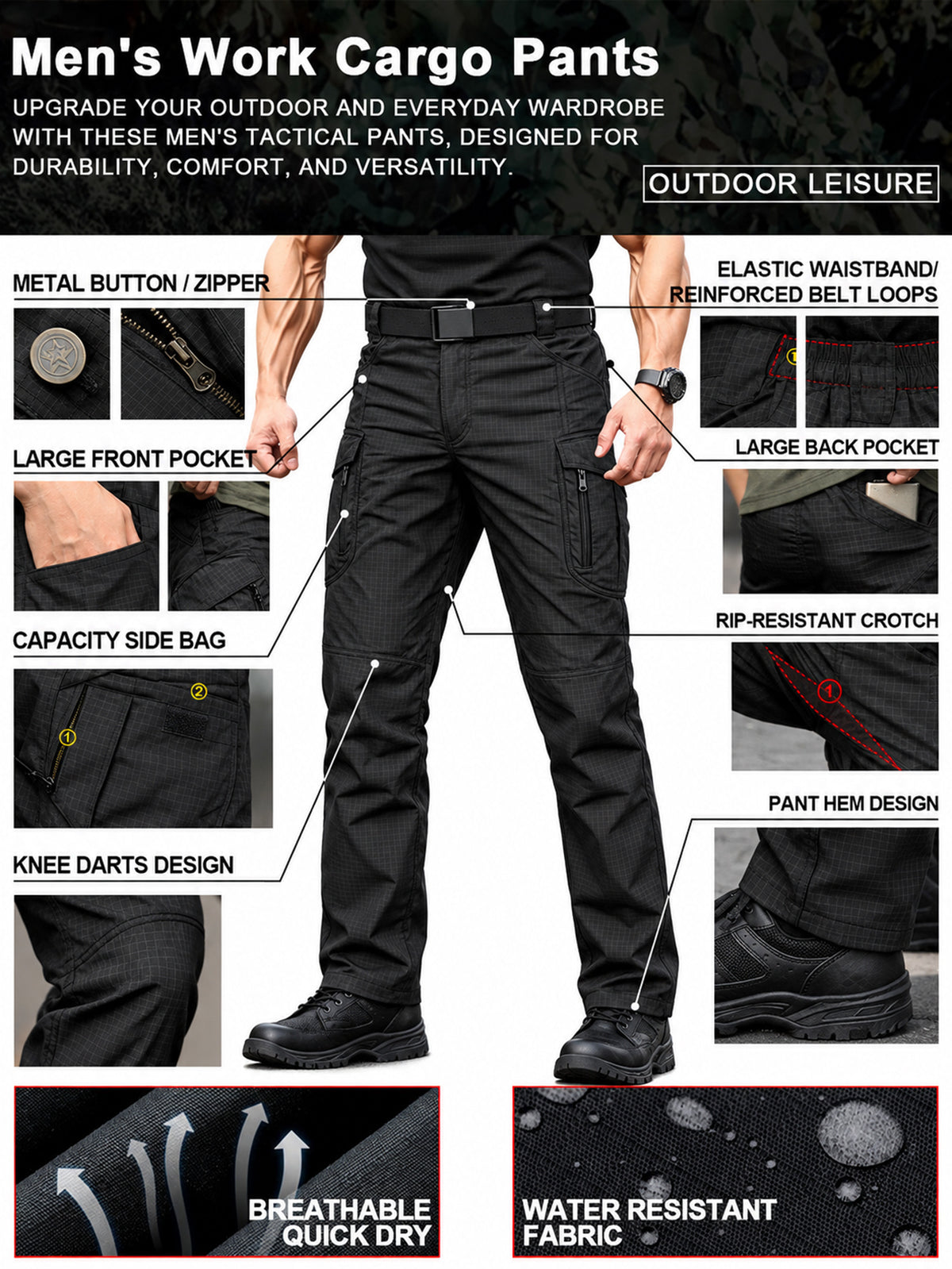 Men's Cargo Pants Work Pants Black, Lightweight Ripstop Outdoor Pants, Durable Water Resistant Work Trousers with 9 Pockets, Abrasion-resistant Fabric, Utility Long Pants for Outdoor Work, Camping, Training, Daily Commute and Casual Wear,1PCS
