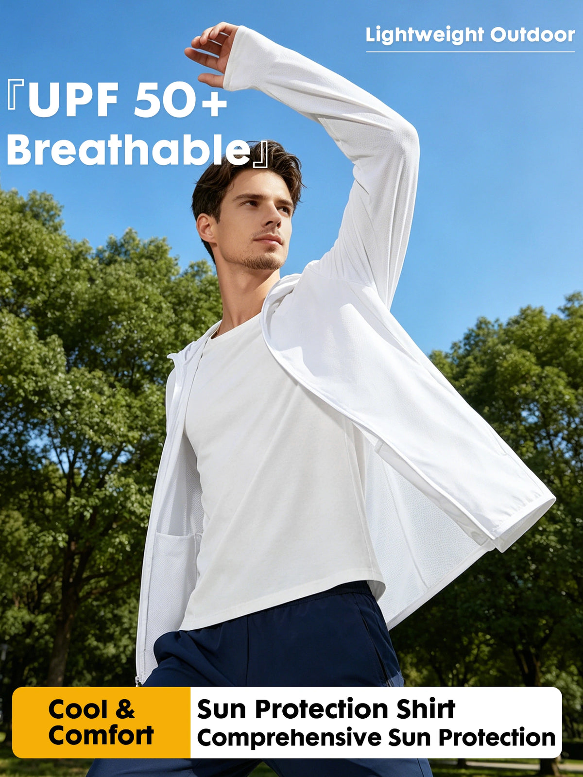 Men's UPF 50+ Cooling Ice Silk Shirt Outdoor Lightweight Full Zip Hoodie Jacket, Cooling Top Long Sleeve Moisture Wicking Hoodie, Lightweight and Breathable, Outdoor Fishing Hiking Performance Shirt Tops for Summer