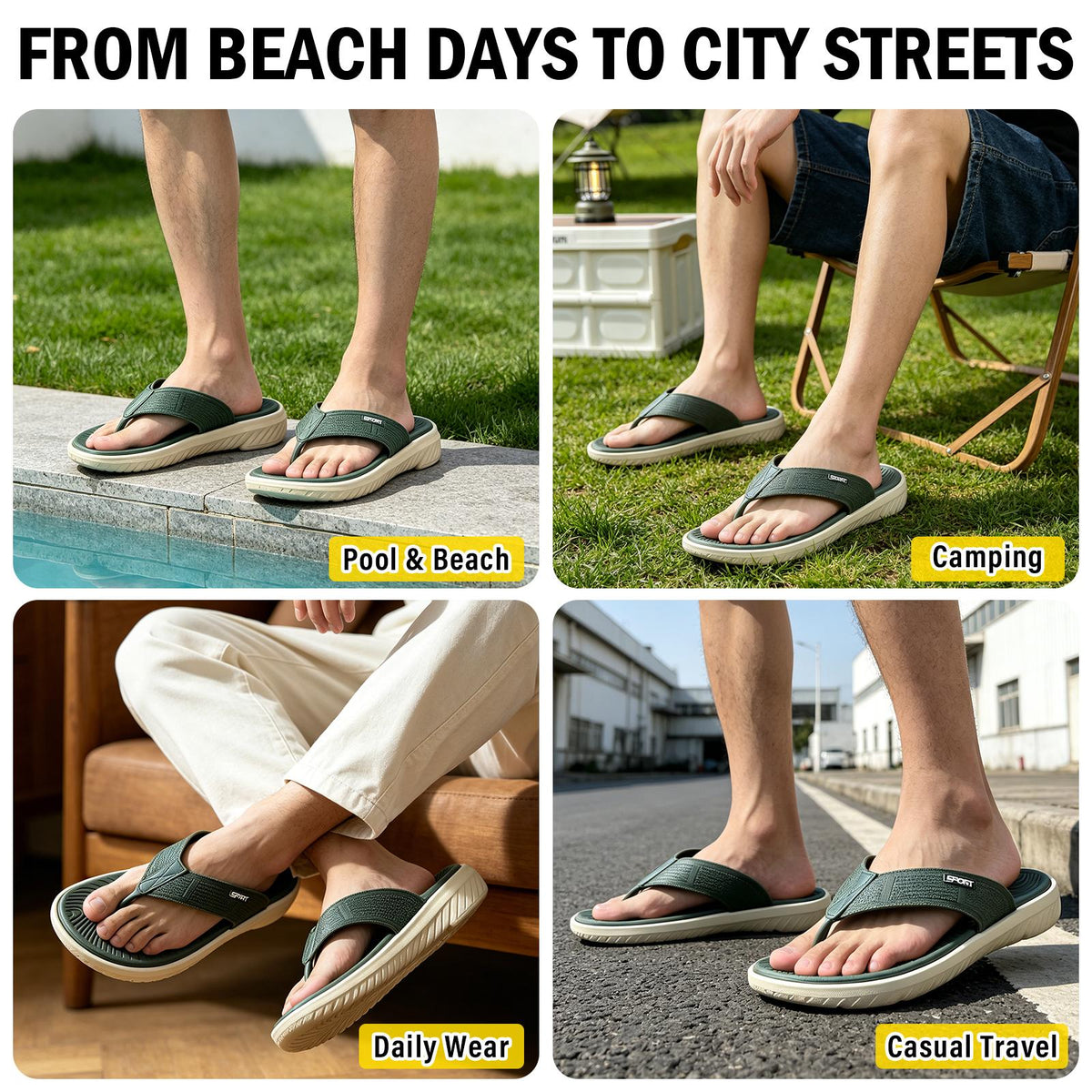 Men's Casual Flip Flops Thong Sandals with Thick Cushioned Sole, Comfortable Arch Support, Lightweight Outdoor Beach Flip Flop for Beach, Pool, Travel & Daily Walking, Summer Casual Sport Slides with Flats Non-Slip Shoes Indoor Outdoor Wear（Green）