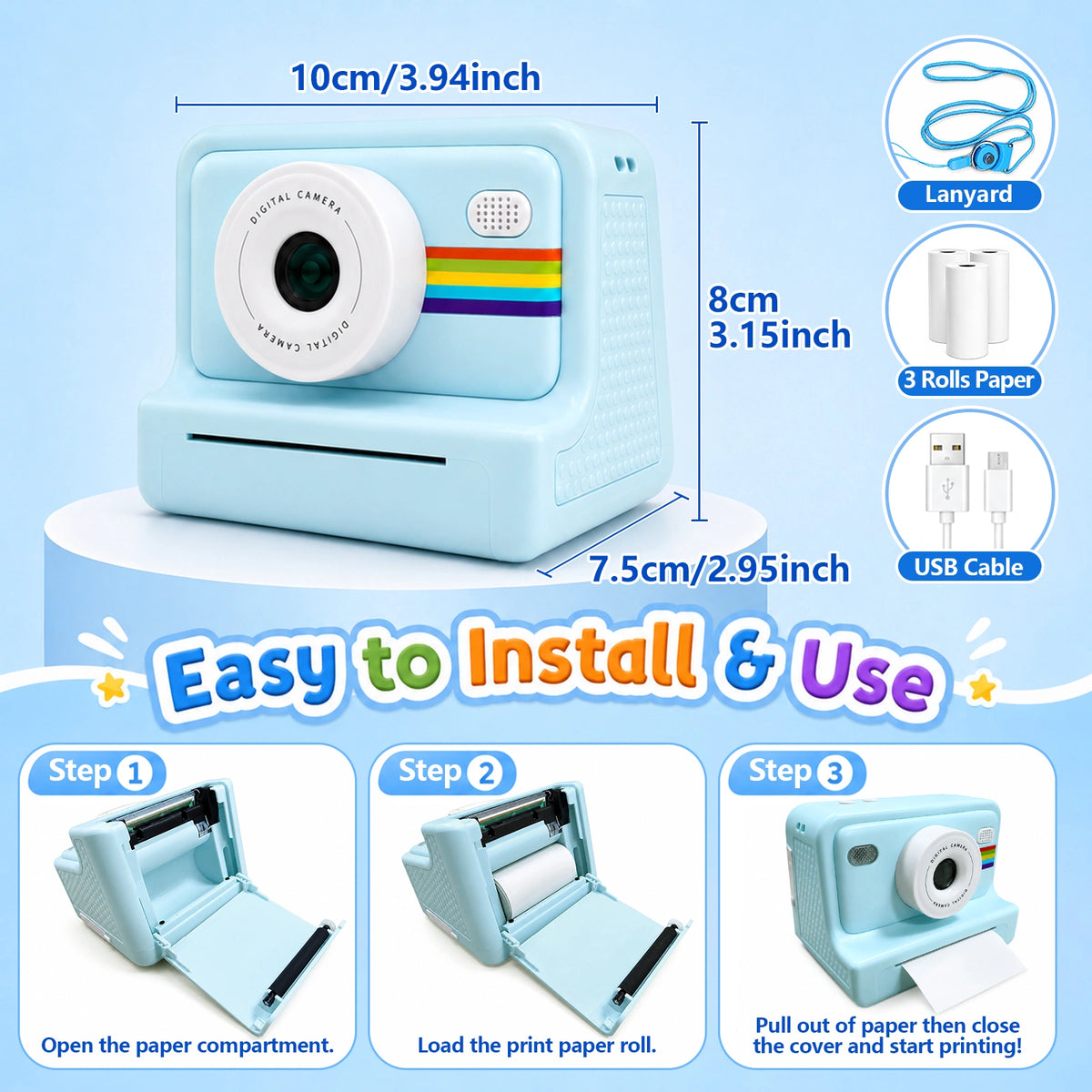 Kids Camera Instant Print for Boys Girls, 2.0-Inch Screen, 1080P HD Photography, MP3 & Game, 20 Creative Frames, 3 Rolls of Printer Paper, USB Charger, Perfect for Christmas And Halloween Birthday Gift, Perfect for Kid, Gifts Girls Boys 6 Years Old