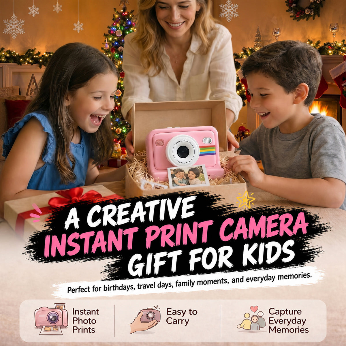 Thermal Portable Instant Printing Camera Set for Kids, 1080P HD Photo/Video Capture, Music Player, Interactive Storybooks, 3/5/10S Delayed Photography with USB Charger 1300Mah Battery And 3 Rolls Print Paper, Perfect for Birthday Gifts Girls Age 6