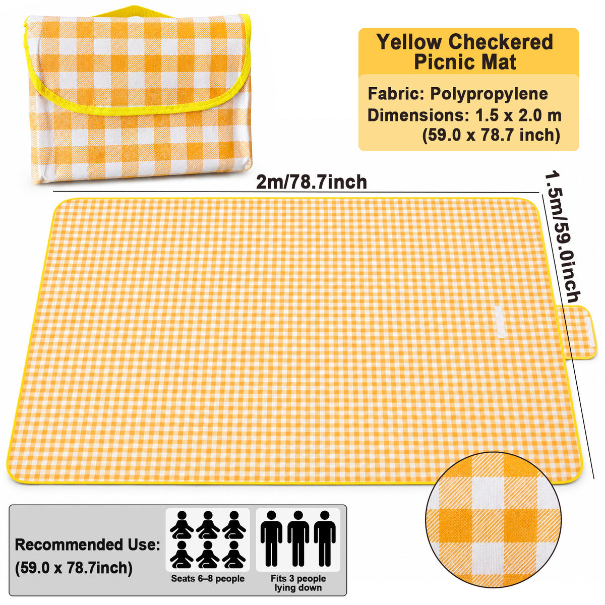 Portable Outdoor Picnic Blanket, 59x79'' Large Beach Blanket, Sand Proof Foldable Non-Woven Picnic Mat, Thickened Checkered Outdoor Mat with Handle, Oversized Compact Suitable for Parks, Meadows, Camping, Hiking, Concerts(3 Colors, 150x200cm)