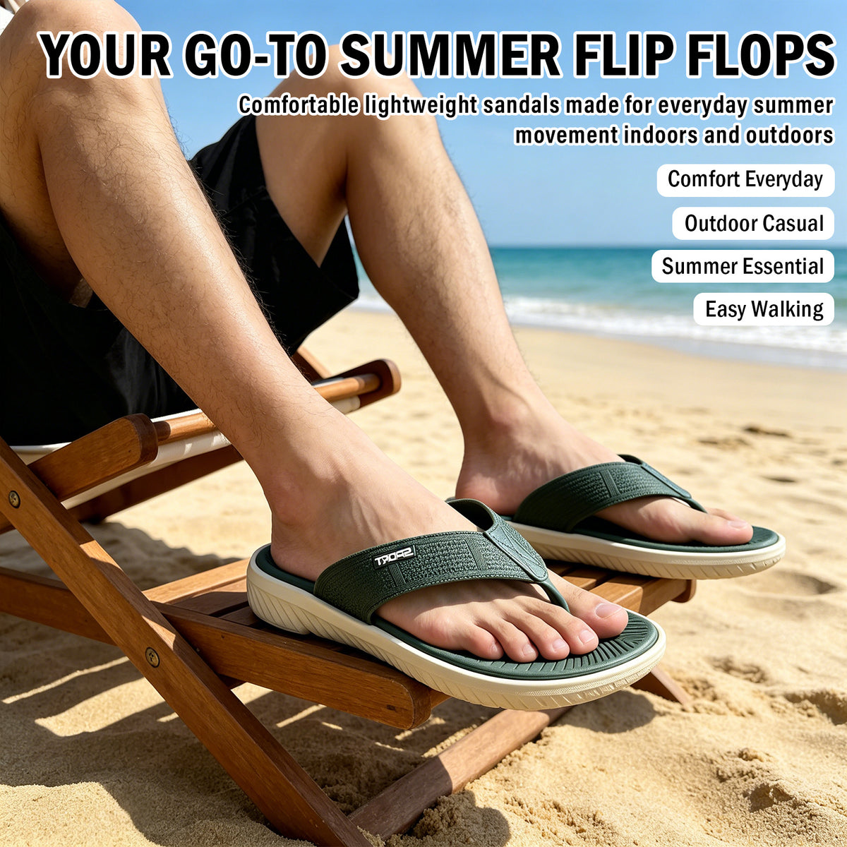 Men's Casual Flip Flops Thong Sandals with Thick Cushioned Sole, Comfortable Arch Support, Lightweight Outdoor Beach Flip Flop for Beach, Pool, Travel & Daily Walking, Summer Casual Sport Slides with Flats Non-Slip Shoes Indoor Outdoor Wear（Green）