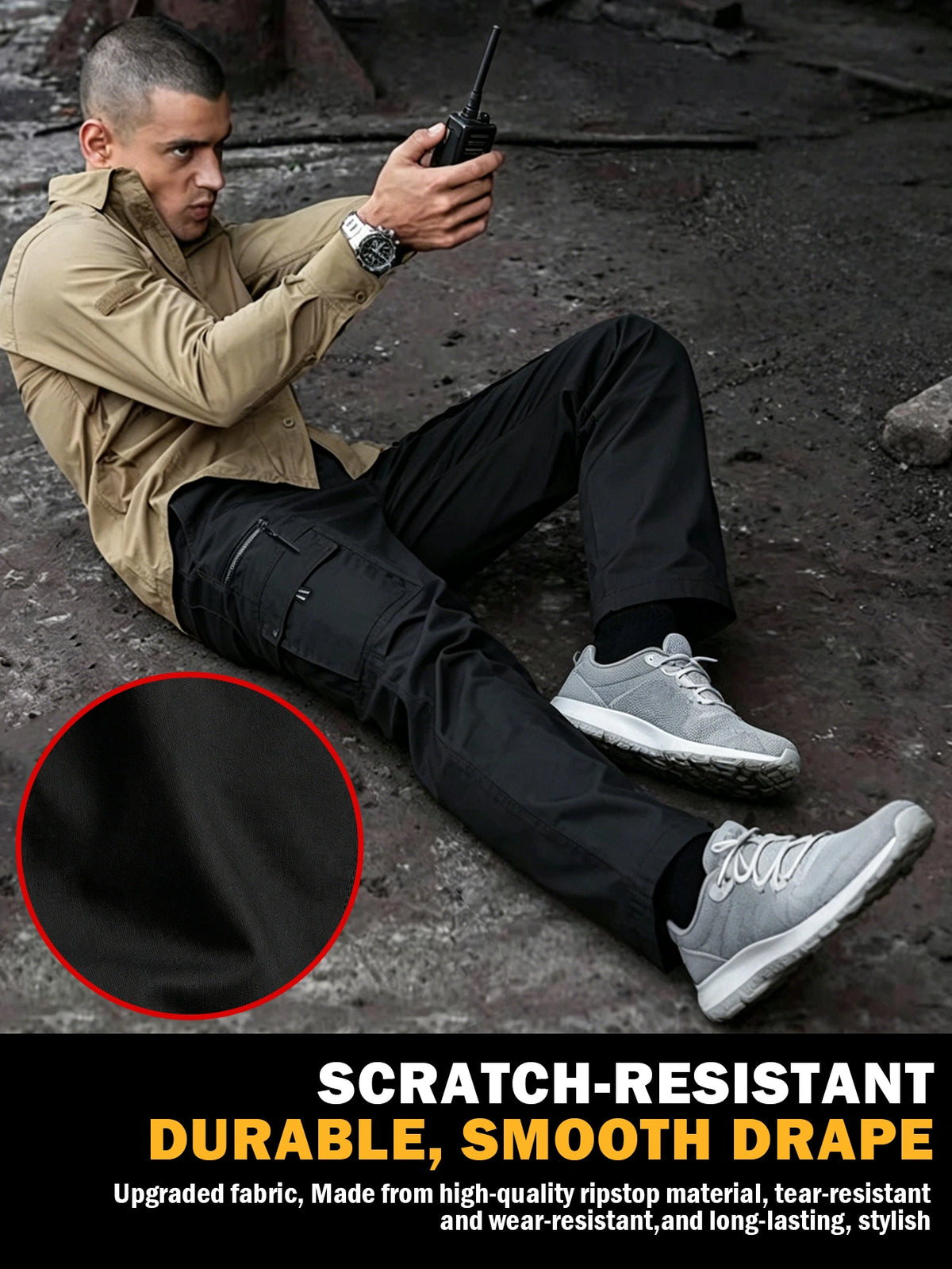 Men's Elastic Ripstop Tactical Pants Cargo Pants, Lightweight Motion Utility Casual Pants, Stretch Waistband, Straight Cut Loose Fit, Water Resistant Ripstop Outdoor Quick Dry Hiking Work Long Pants with Multi Pockets Commute Pants(No Belt, Black)