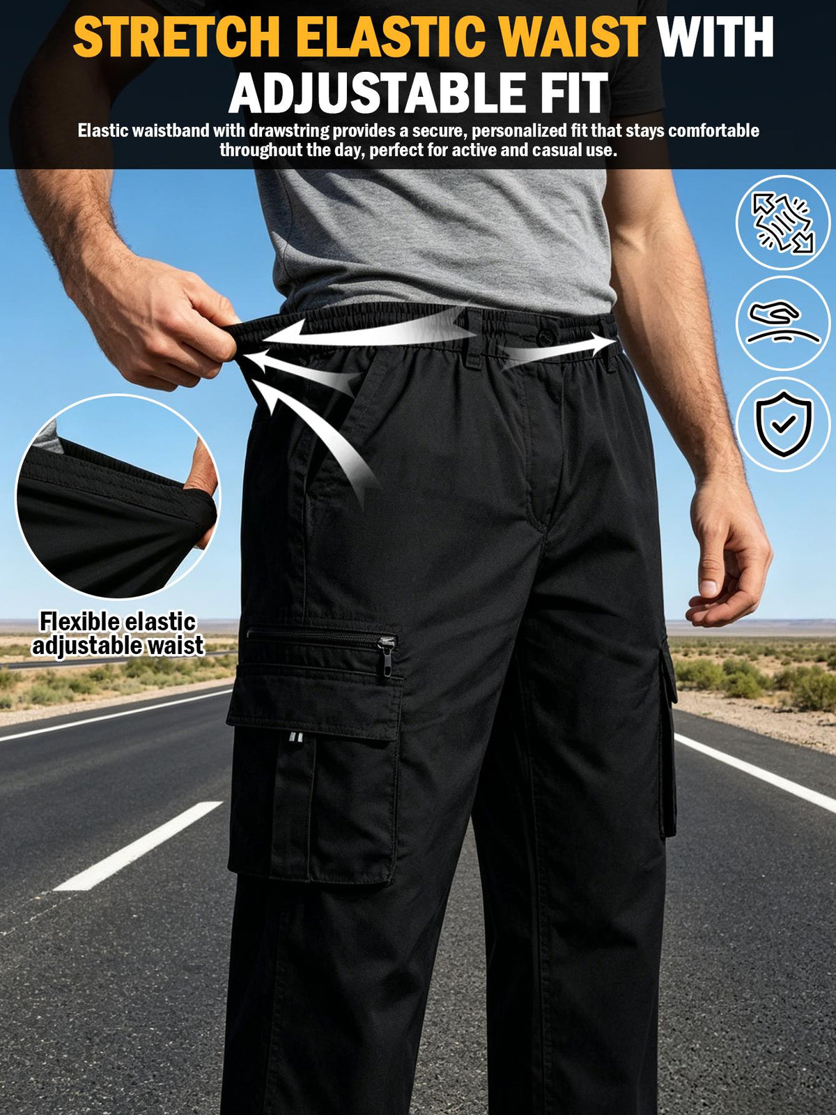 Men's Utility Cargo Pants, Casual Multi-Pocket Loose Straight Leg Work Pants, Durable Lightweight Ripstop Fabric, Flexible Elastic Waist Adjustable, Quick-Drying Outdoor Long Pants for Daily Commute, Running, Hiking, Travel and Camping Wear, Black