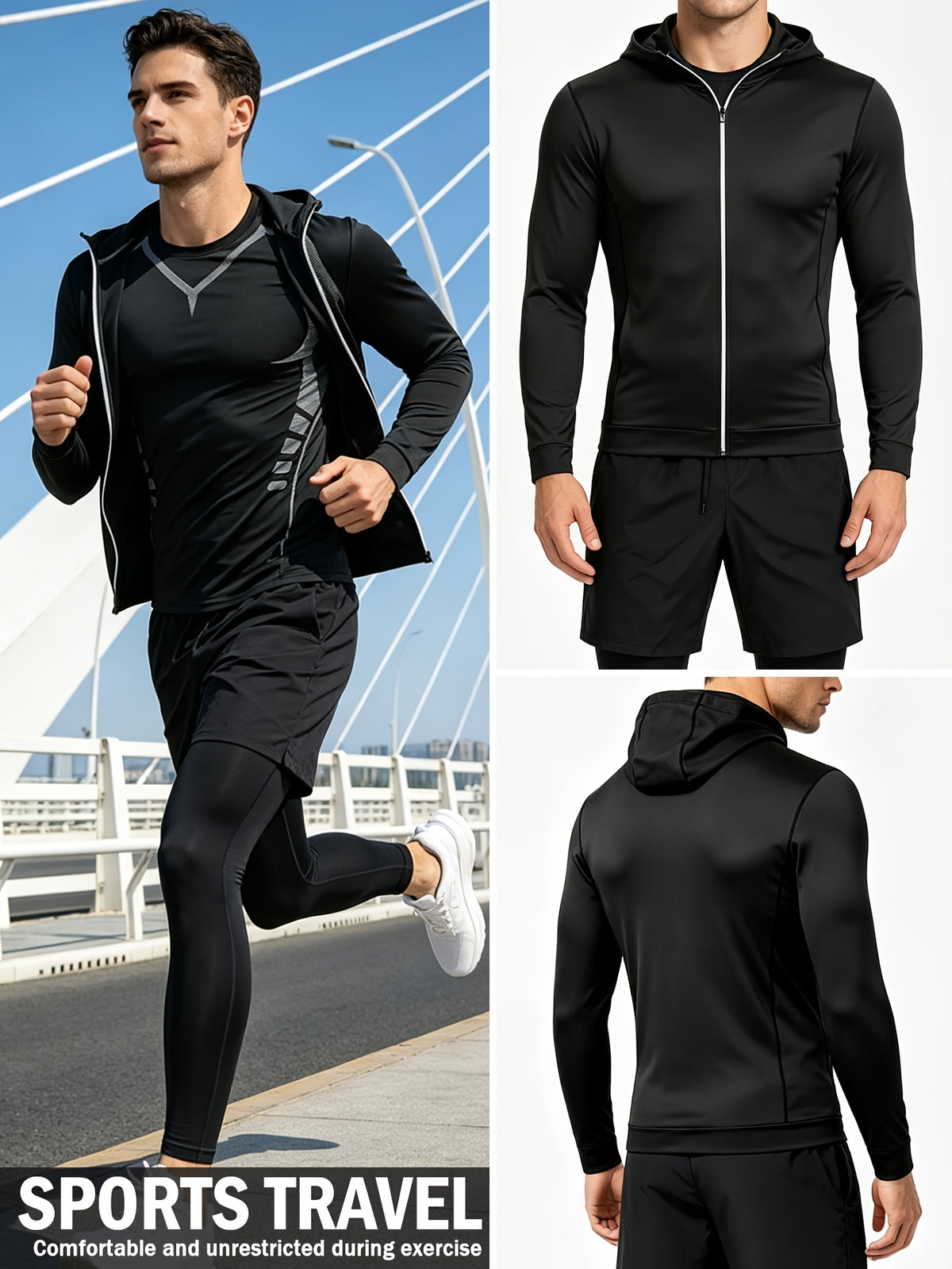4 Pieces Sports Set, Men's Fitted Workout Shirt Activewear Set, Athletic Jacket with Hoodies Long Sleeve, Quick Dry Compression Tee with Breathable Moisture Wicking Comfort, Stretch Short Sleeve Running Top for Gym Training and All-Day Active Wear