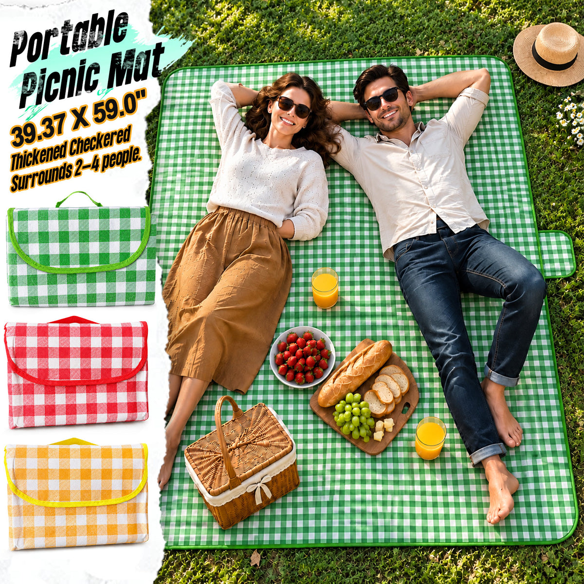 New Upgraded Picnic Blanket Outdoor Extra Large Picnic Mat 39.37"X59" Camping Blanket Beach Blanket, Thickened Checkered Non-Woven Fabric, Ultralight 1.25 lb with Handle Picnic Mat, for Outdoor Camping Hiking Travel Grass Park Music (100X150CM)