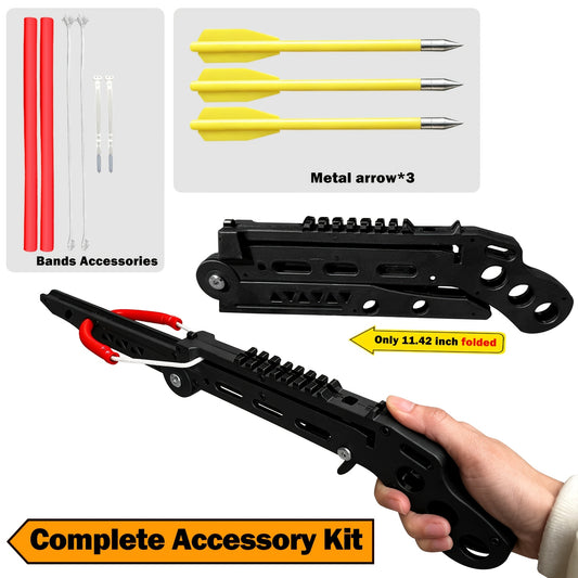 Folding Slingshot Set, Outdoor Shooting Practice Slingshots for Adults, New Type Bow, 19inch Length, 11.42inch Folded, Portable Target Practice Launcher with Steel Balls & Training Arrows, Easy Storage for Outdoor Backyard Target Shooting