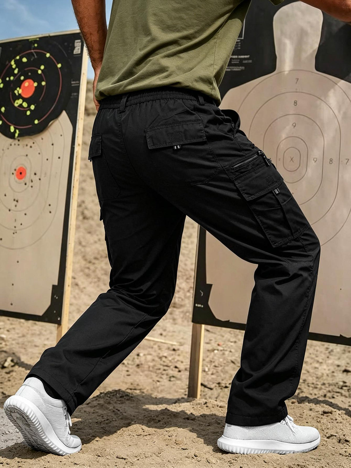 Men's Elastic Ripstop Tactical Pants Cargo Pants, Lightweight Motion Utility Casual Pants, Stretch Waistband, Straight Cut Loose Fit, Water Resistant Ripstop Outdoor Quick Dry Hiking Work Long Pants with Multi Pockets Commute Pants(No Belt, Black)
