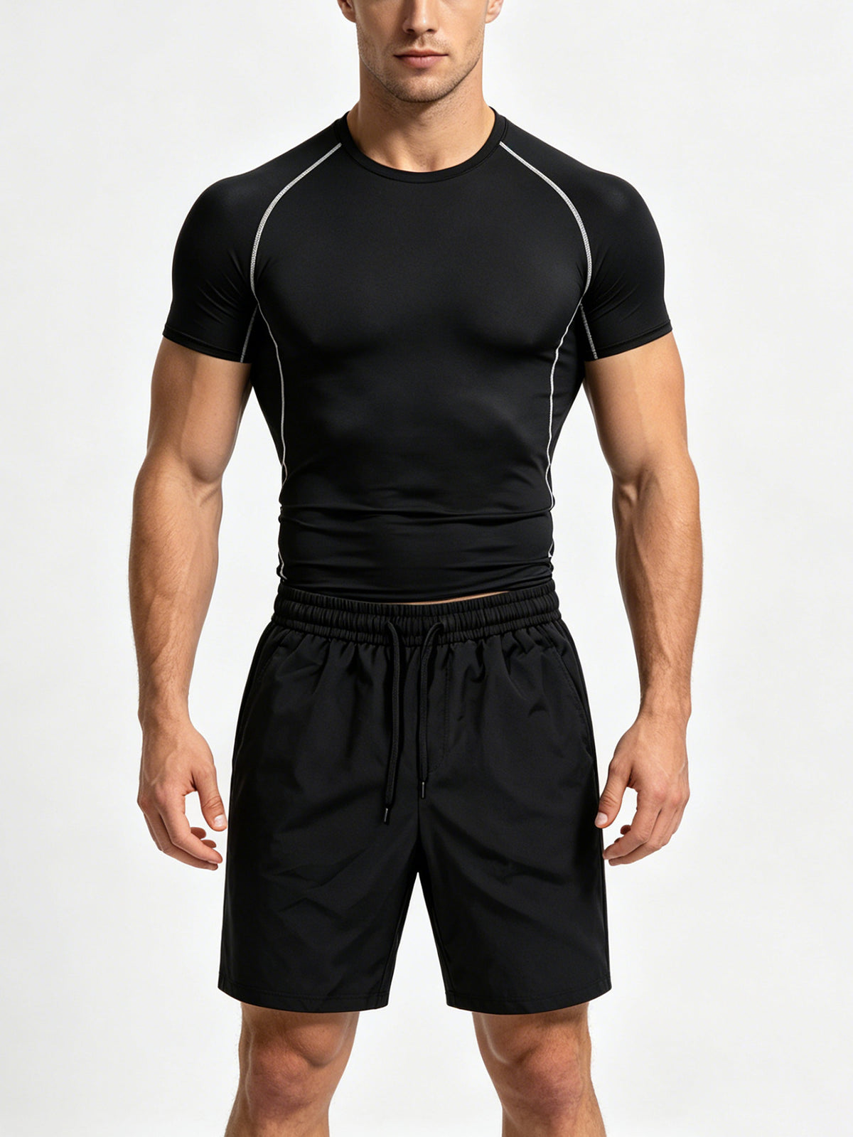 2-piece Men's Athletic Workout Set, Running, Gym Compression Gear, All-Season Wear, Breathable Quick Dry Compression Short Sleeve Training Shirt with Elastic Waistband Shorts, Activewear Outfit for Running Fitness Basketball Outdoor activities,Black