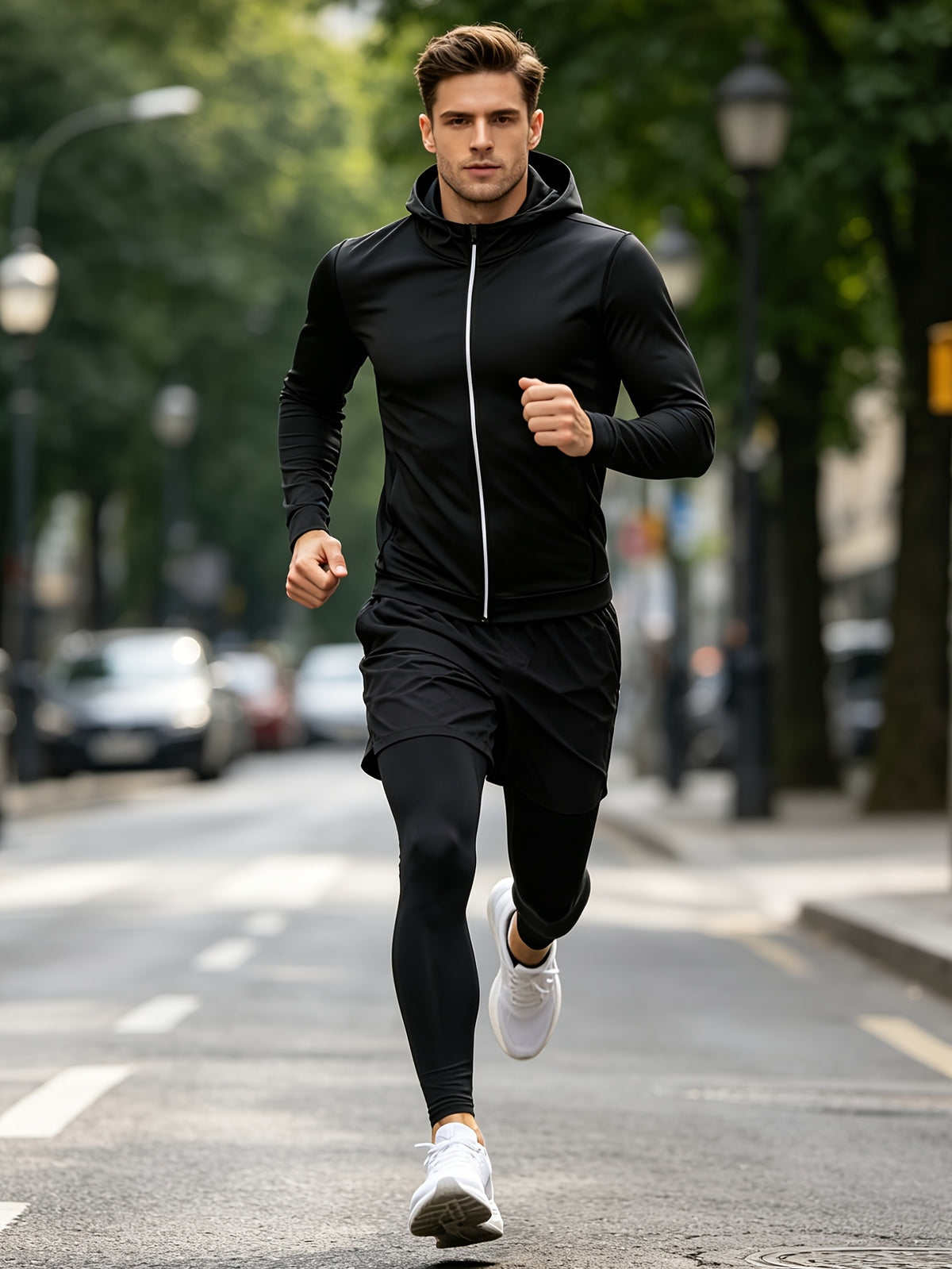 4 Pieces Sports Set, Men's Fitted Workout Shirt Activewear Set, Athletic Jacket with Hoodies Long Sleeve, Quick Dry Compression Tee with Breathable Moisture Wicking Comfort, Stretch Short Sleeve Running Top for Gym Training and All-Day Active Wear