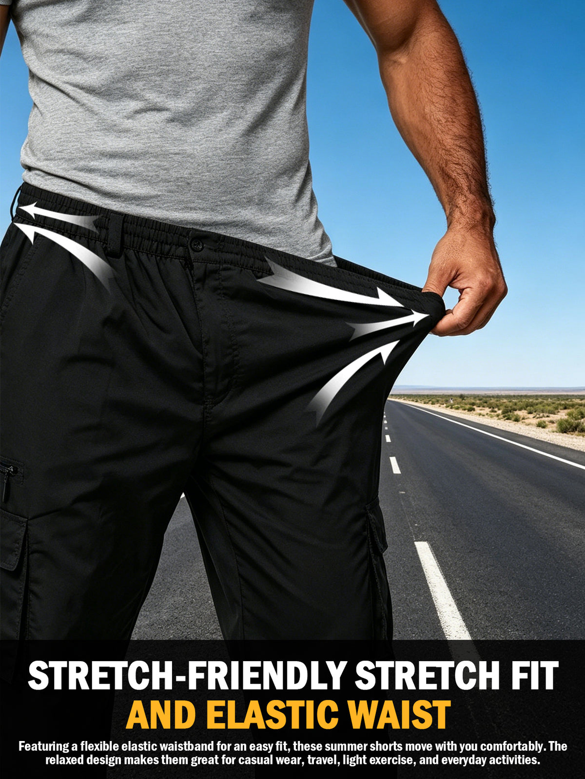 Men's Elastic Ripstop Tactical Pants Cargo Pants, Lightweight Motion Utility Casual Pants, Stretch Waistband, Straight Cut Loose Fit, Water Resistant Ripstop Outdoor Quick Dry Hiking Work Long Pants with Multi Pockets Commute Pants(No Belt, Black)