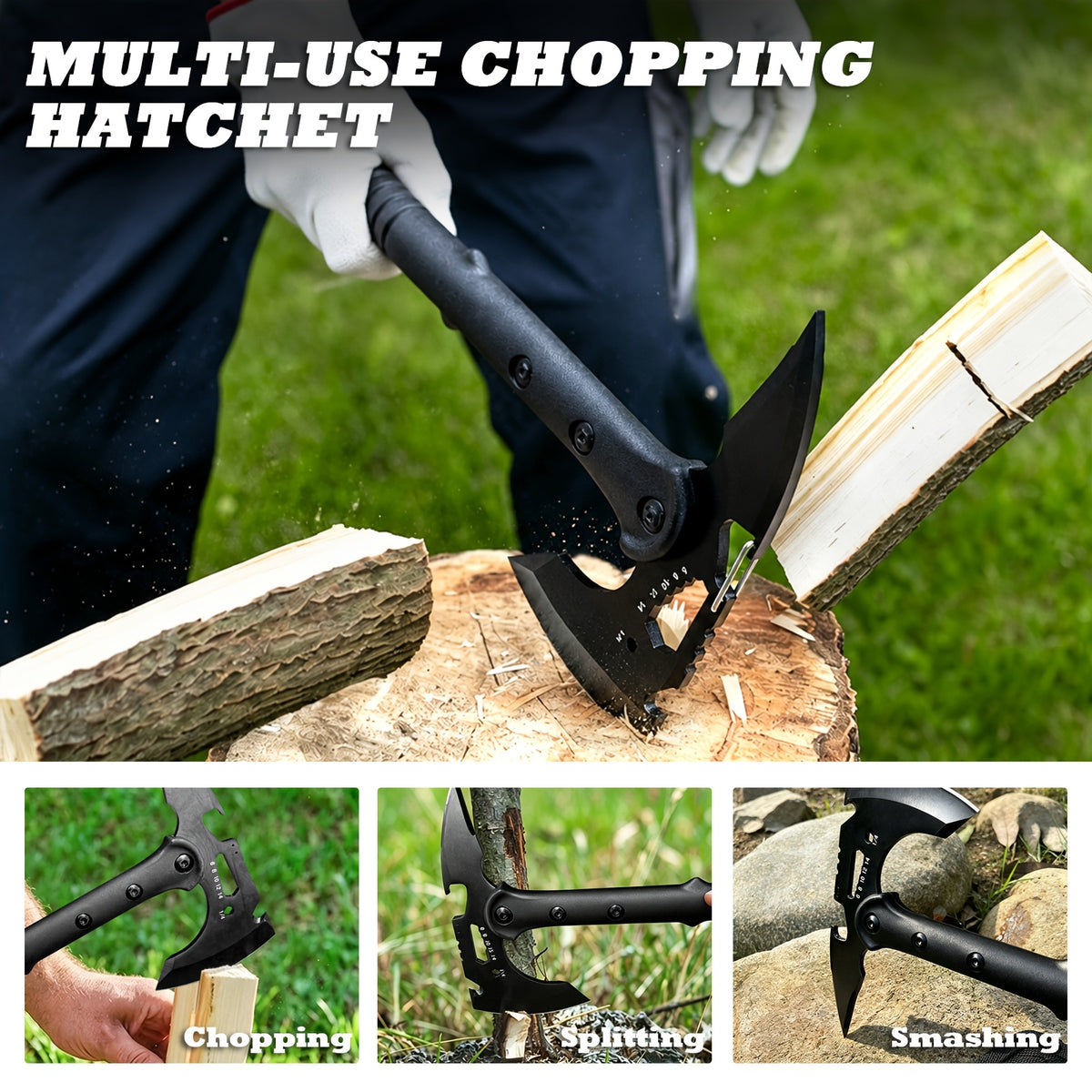 Portable 15" Stainless Steel Garden Axe, Durable Tomahawk with Sheath, Multi-Functional Tomahawk Outdoor Camping Axe with Hammer, Bottle Opener & Carabiner, Durable Hatchet for Branch Cutting, Yard Work, Camping and Emergency Gear,2 styles（Black）