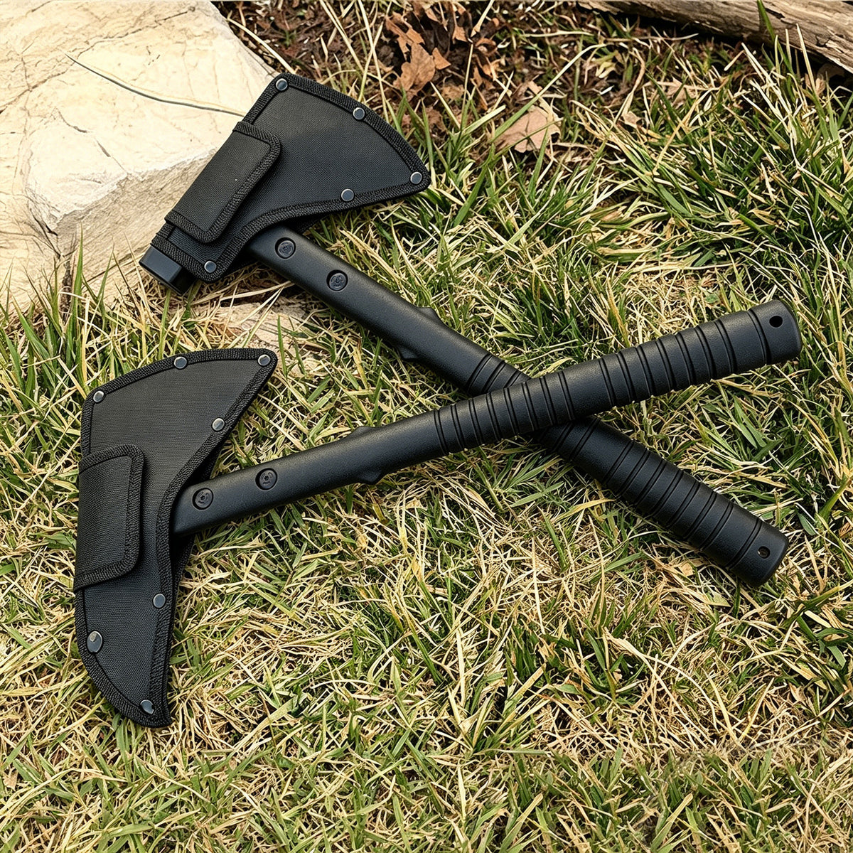 2 Pack Portable Battle Axe Set, Portable Outdoor Hatchet with Sheath, Reinforced Steel Sharp Blade, Window Breaker, Hammer and Multi-Tool Design Tomahawk, Durable Anti-Slip Handle Camping Hatchet Tool for Hiking/Camping/Outdoor Adventure Gear