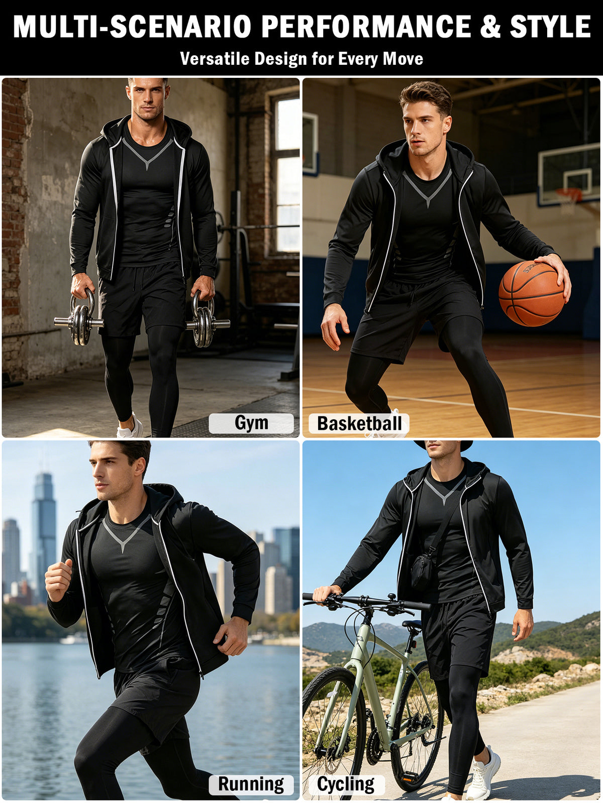 4 Pieces Sports Set, Men's Fitted Workout Shirt Activewear Set, Athletic Jacket with Hoodies Long Sleeve, Quick Dry Compression Tee with Breathable Moisture Wicking Comfort, Stretch Short Sleeve Running Top for Gym Training and All-Day Active Wear