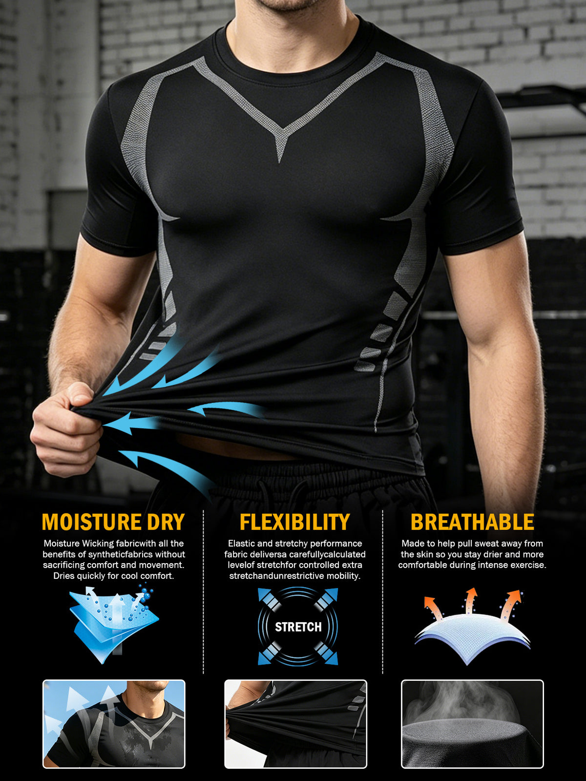 3 Pieces Men's Sports Set, Running Training Fitness,Quick Dry Workout Set with Athletic Fit Short Sleeve Performance Elastic Shirt and Elastic Waistband Long/Shorts, Lightweight Breathable Sportswear for Gym Basketball and Everyday Wear,Summer