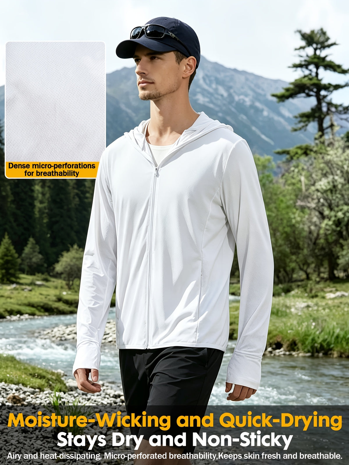 Men's UPF 50+ Cooling Ice Silk Shirt Outdoor Lightweight Full Zip Hoodie Jacket, Cooling Top Long Sleeve Moisture Wicking Hoodie, Lightweight and Breathable, Outdoor Fishing Hiking Performance Shirt Tops for Summer