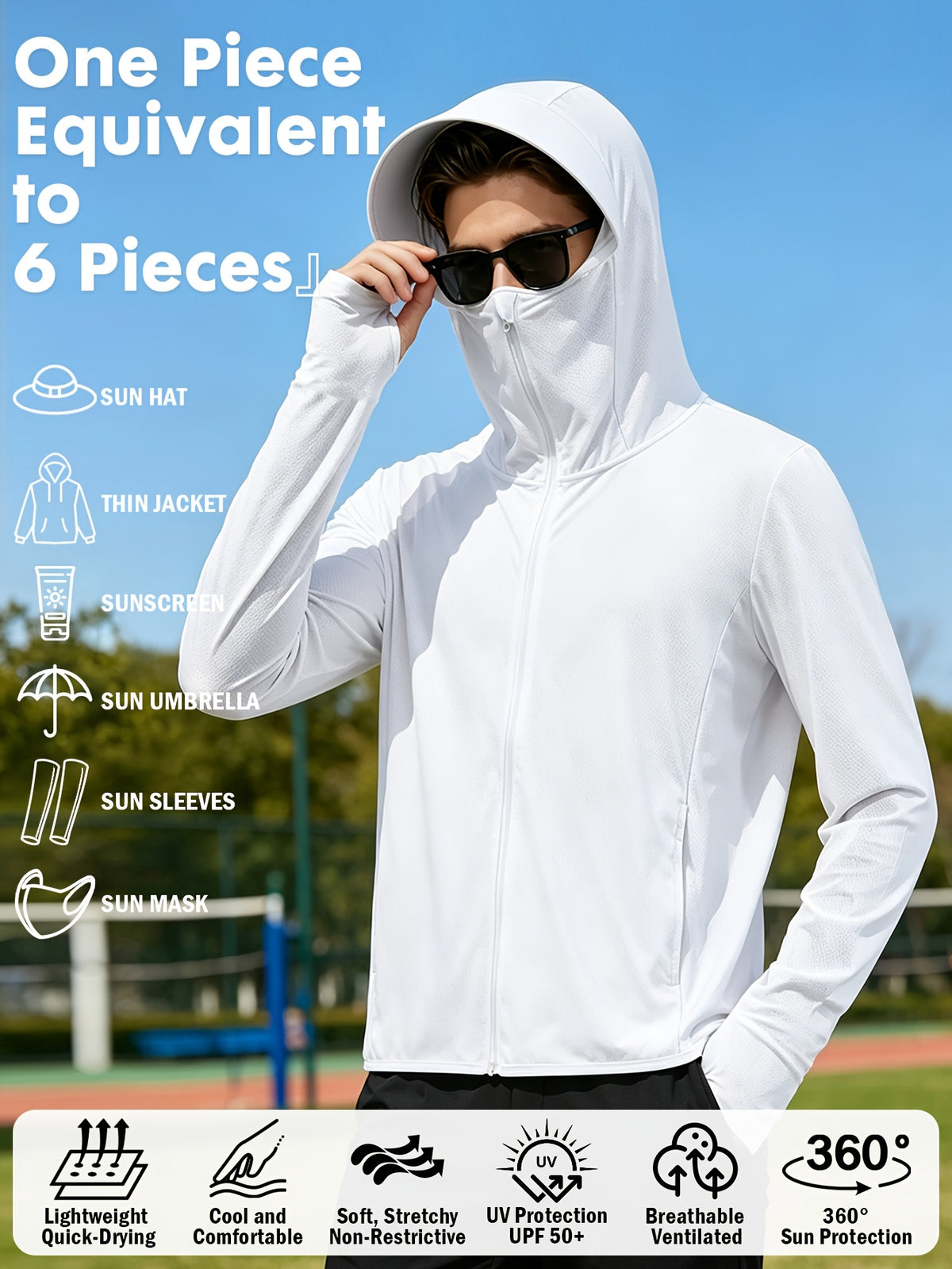 Men's UPF 50+ Cooling Ice Silk Shirt Outdoor Lightweight Full Zip Hoodie Jacket, Cooling Top Long Sleeve Moisture Wicking Hoodie, Lightweight and Breathable, Outdoor Fishing Hiking Performance Shirt Tops for Summer