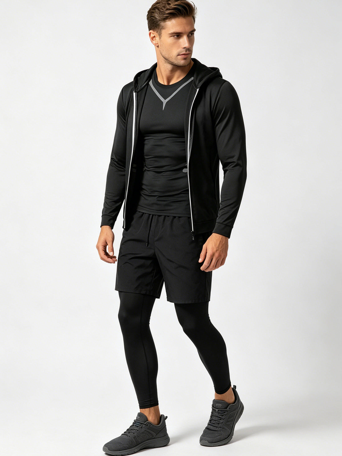 4 Pieces Sports Set, Men's Fitted Workout Shirt Activewear Set, Athletic Jacket with Hoodies Long Sleeve, Quick Dry Compression Tee with Breathable Moisture Wicking Comfort, Stretch Short Sleeve Running Top for Gym Training and All-Day Active Wear