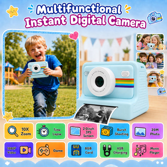 Kids Camera Instant Print for Boys Girls, 2.0-Inch Screen, 1080P HD Photography, MP3 & Game, 20 Creative Frames, 3 Rolls of Printer Paper, USB Charger, Perfect for Christmas And Halloween Birthday Gift, Perfect for Kid, Gifts Girls Boys 6 Years Old