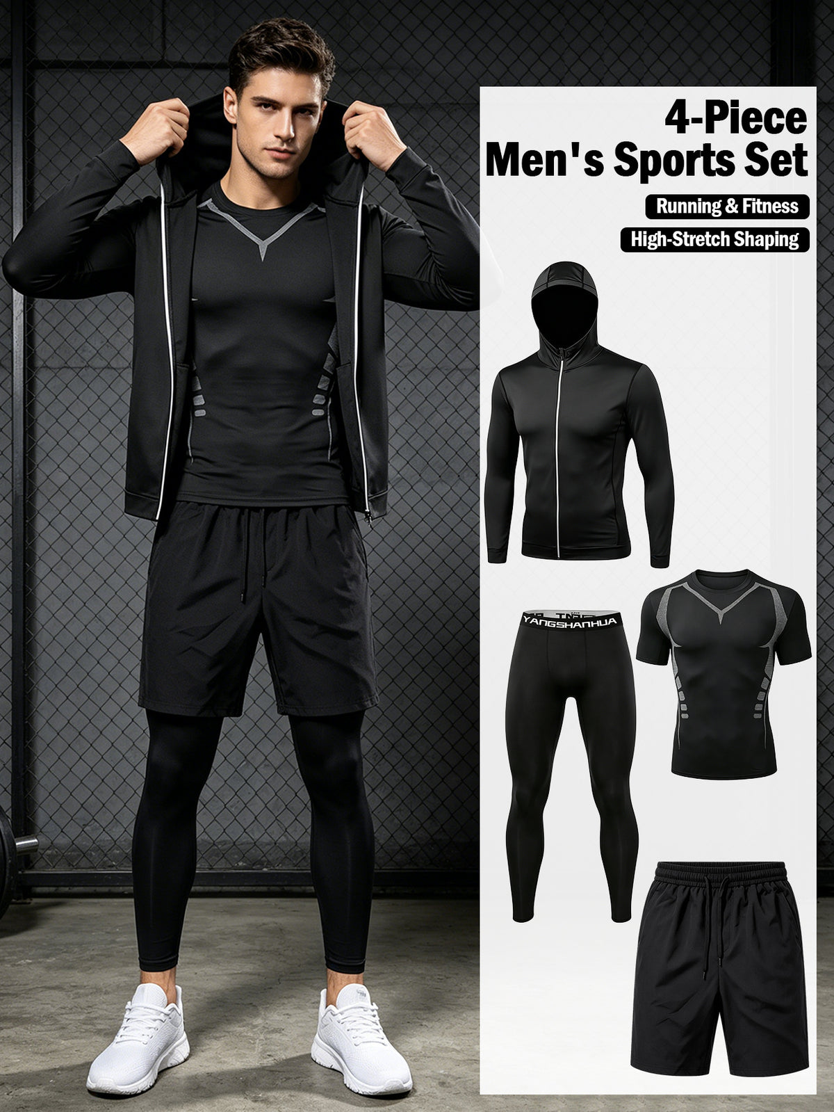 4 Pieces Sports Set, Men's Fitted Workout Shirt Activewear Set, Athletic Jacket with Hoodies Long Sleeve, Quick Dry Compression Tee with Breathable Moisture Wicking Comfort, Stretch Short Sleeve Running Top for Gym Training and All-Day Active Wear