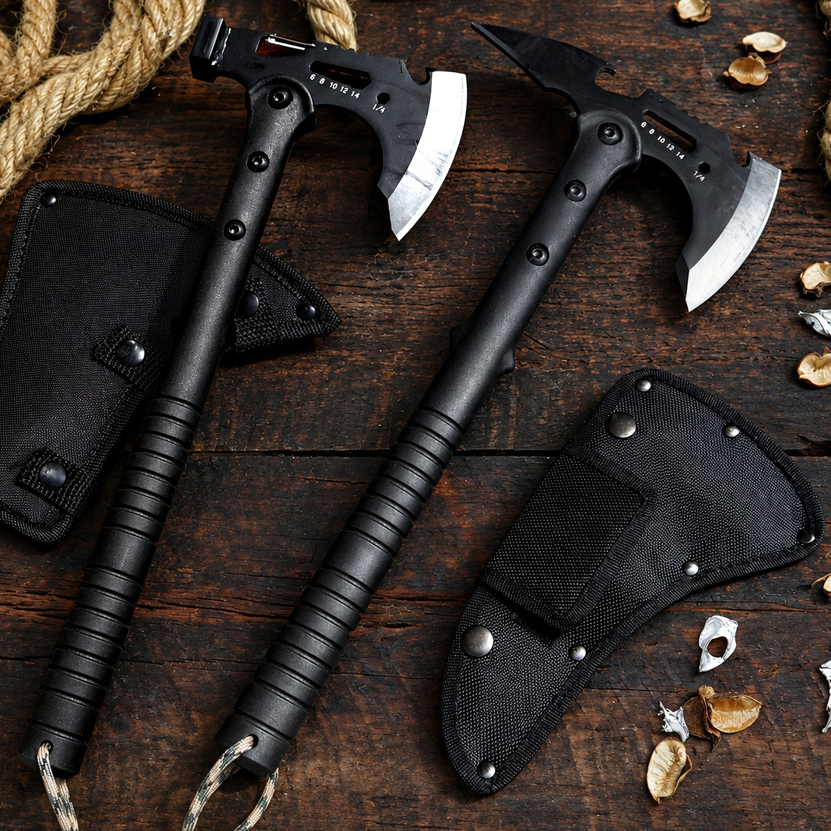 Portable 15" Stainless Steel Garden Axe, Durable Tomahawk with Sheath, Multi-Functional Tomahawk Outdoor Camping Axe with Hammer, Bottle Opener & Carabiner, Durable Hatchet for Branch Cutting, Yard Work, Camping and Emergency Gear,2 styles（Black）