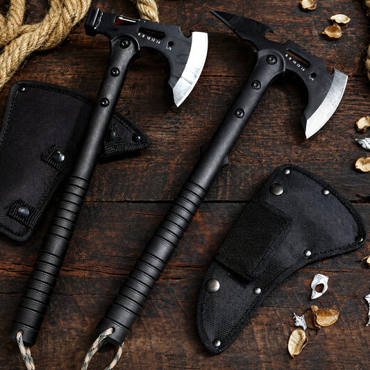 Portable 15" Stainless Steel Garden Axe, Durable Tomahawk with Sheath, Multi-Functional Tomahawk Outdoor Camping Axe with Hammer, Bottle Opener & Carabiner, Durable Hatchet for Branch Cutting, Yard Work, Camping and Emergency Gear,2 styles（Black）