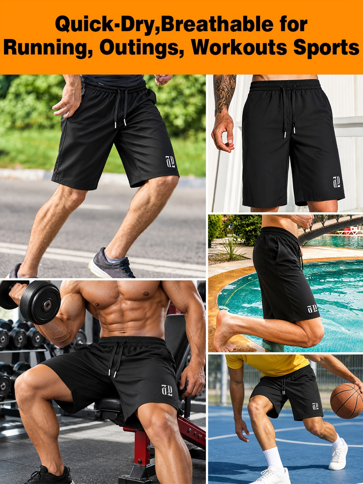 Classic Black Solid Color Men's Cargo Shorts Athletic Training Shorts with Pockets, Adjustable  Elastic Waistband, Quick-drying, Breathable and Comfortable Cool Fabric, Suitable for Fitness, Running, Sports, Travel, Beach or Commute Everyday,1PCS