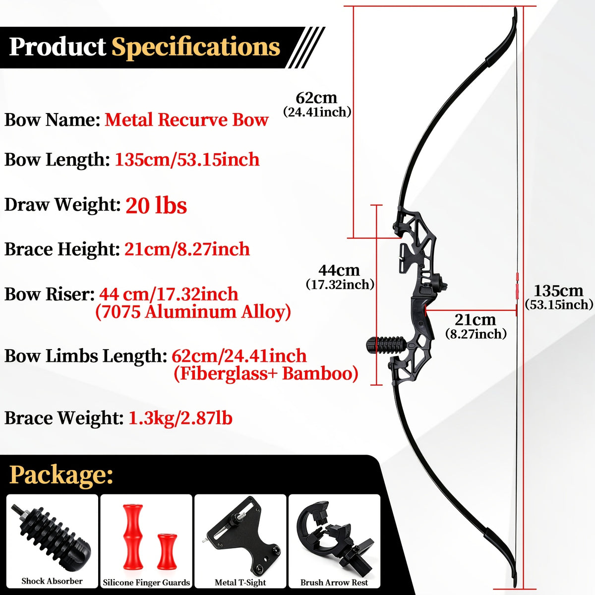 Archery Metal Recurve Bow Professional Beginner's Bow Outdoor Adult Archery Range Scenic Area Competitive Shooting, For Men and Women Sports Alloy Bow Compound Bow Competition Set, 20 LBS/30 LBS/40 LBS Available, Ambidextrous