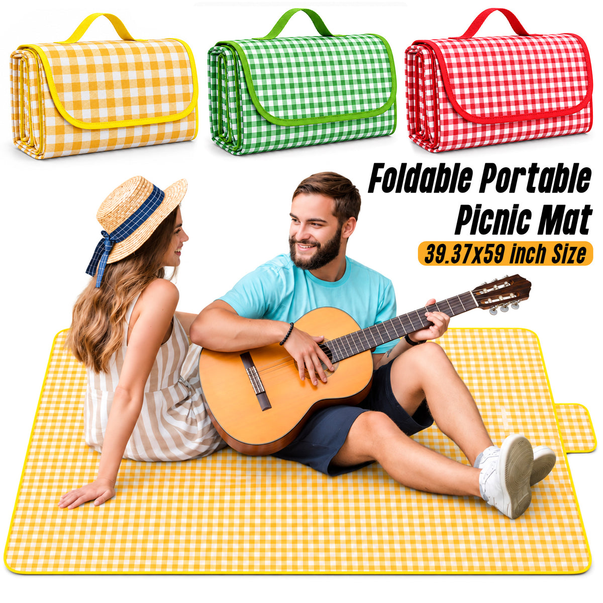 New Upgraded Picnic Blanket Outdoor Extra Large Picnic Mat 39.37"X59" Camping Blanket Beach Blanket, Thickened Checkered Non-Woven Fabric, Ultralight 1.25 lb with Handle Picnic Mat, for Outdoor Camping Hiking Travel Grass Park Music (100X150CM)